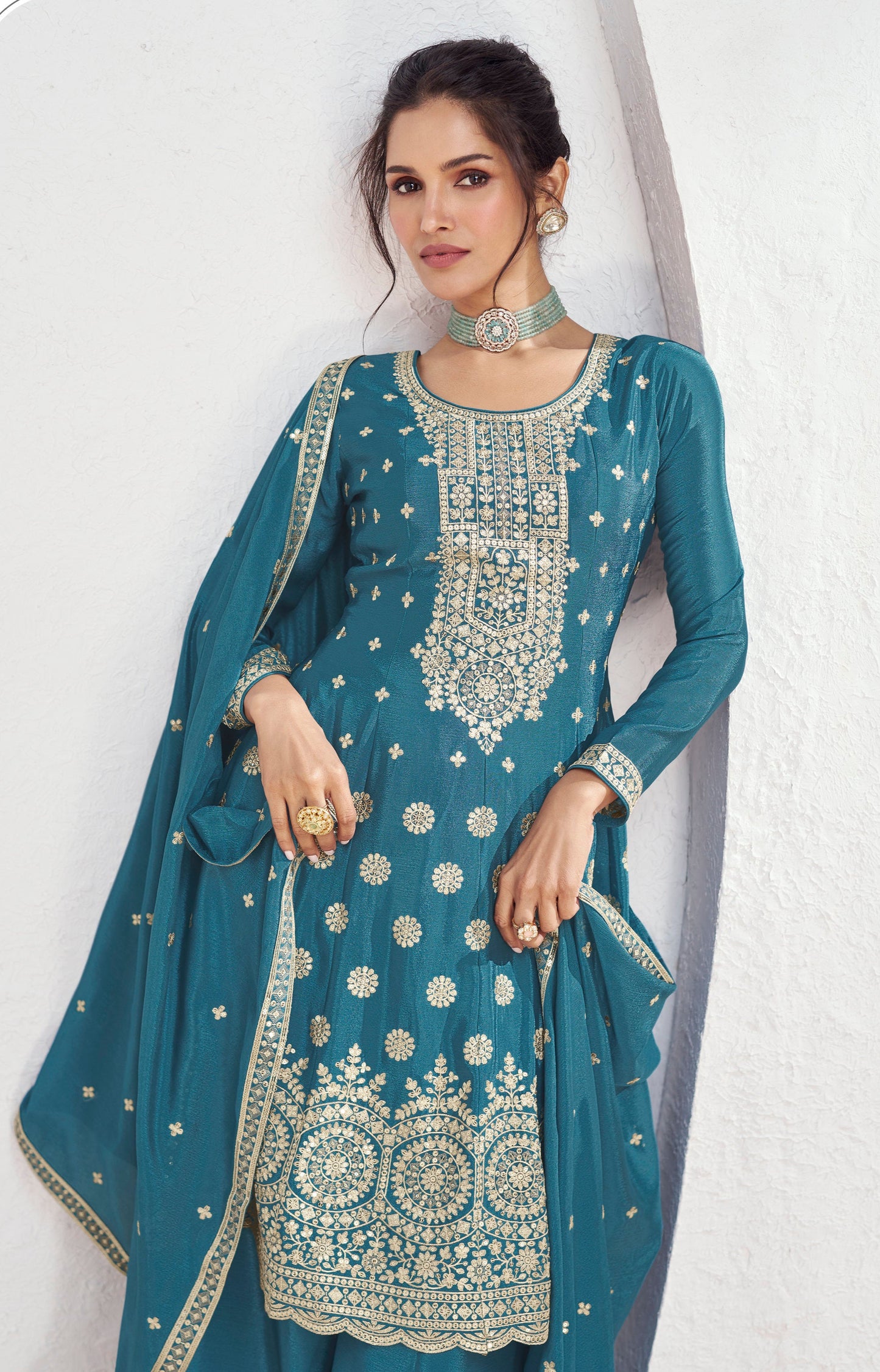 New Style Teal Blue Color Plazzo Dress For Wedding Reception