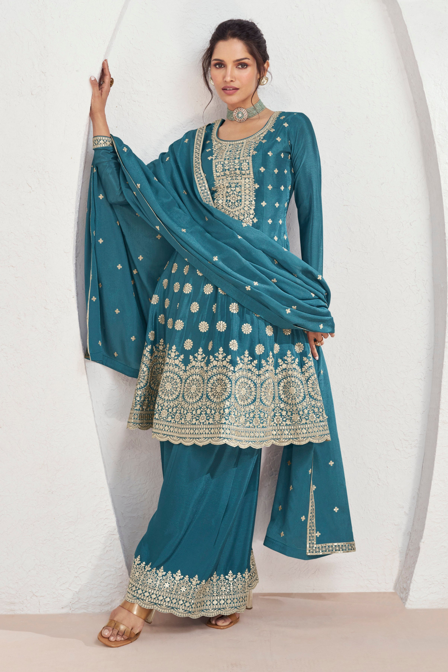 New Style Teal Blue Color Plazzo Dress For Wedding Reception