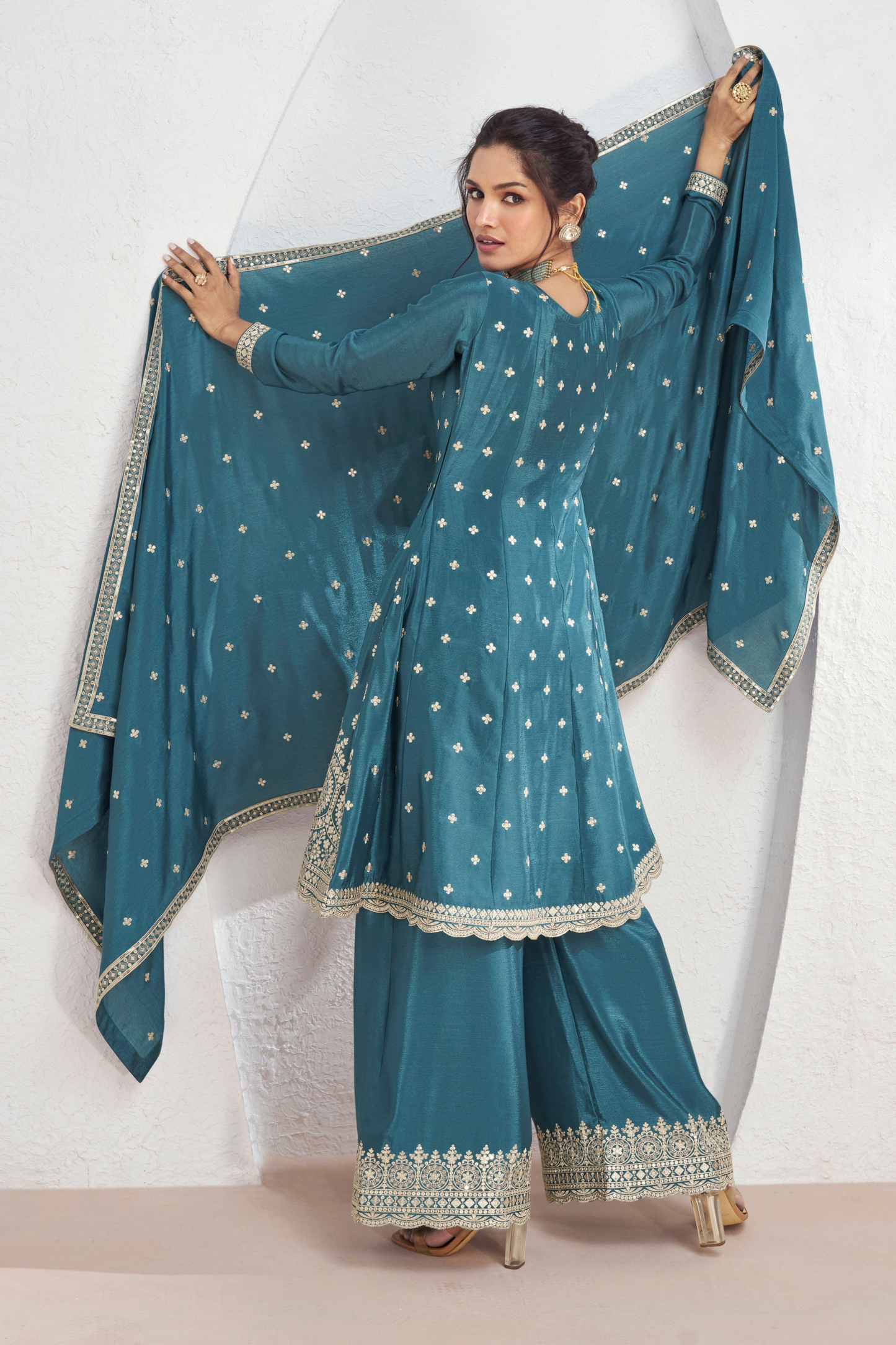 New Style Teal Blue Color Plazzo Dress For Wedding Reception