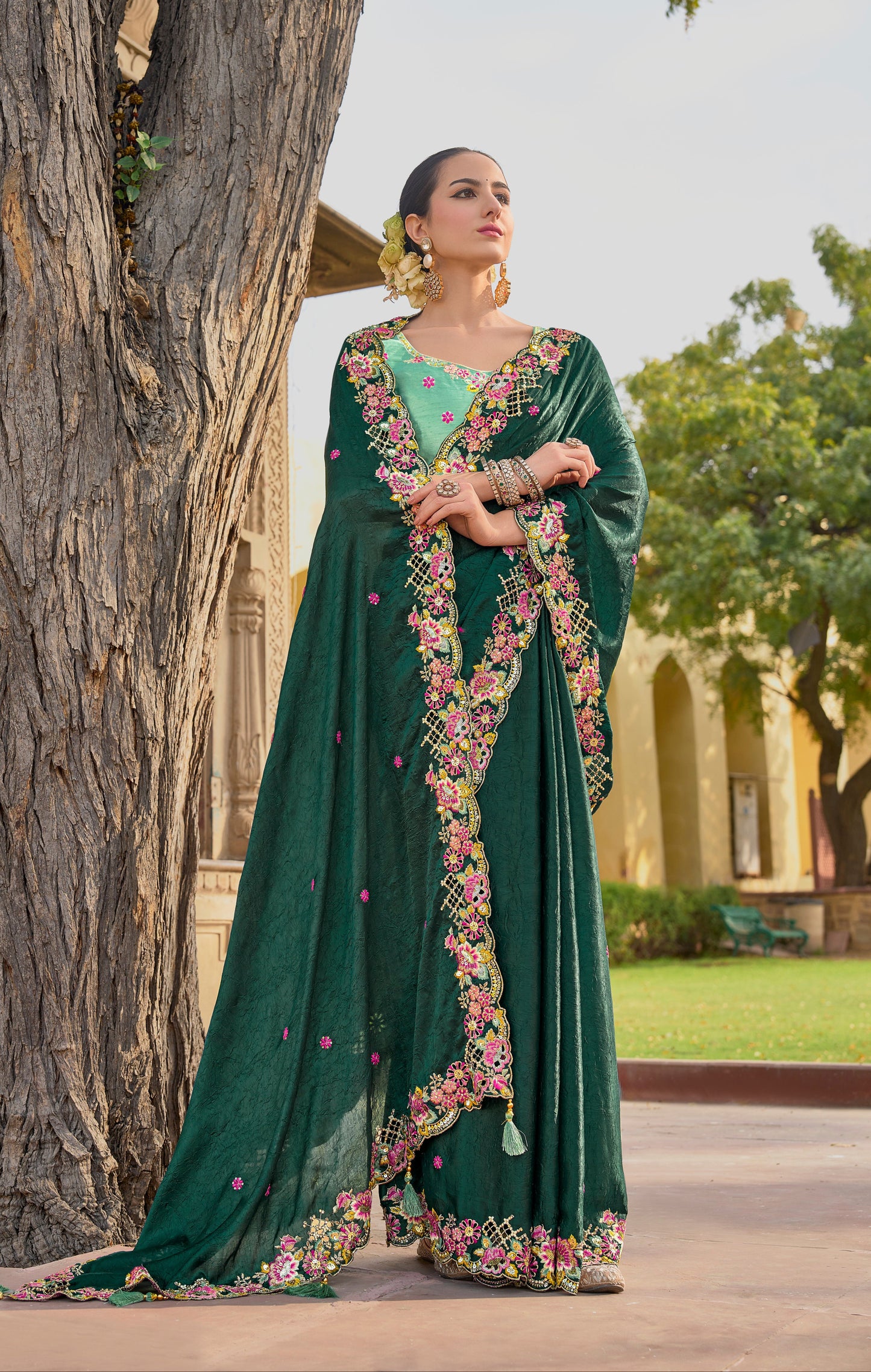 Dark Green Organza Saree with Embroidery & Cyan Silk Blouse