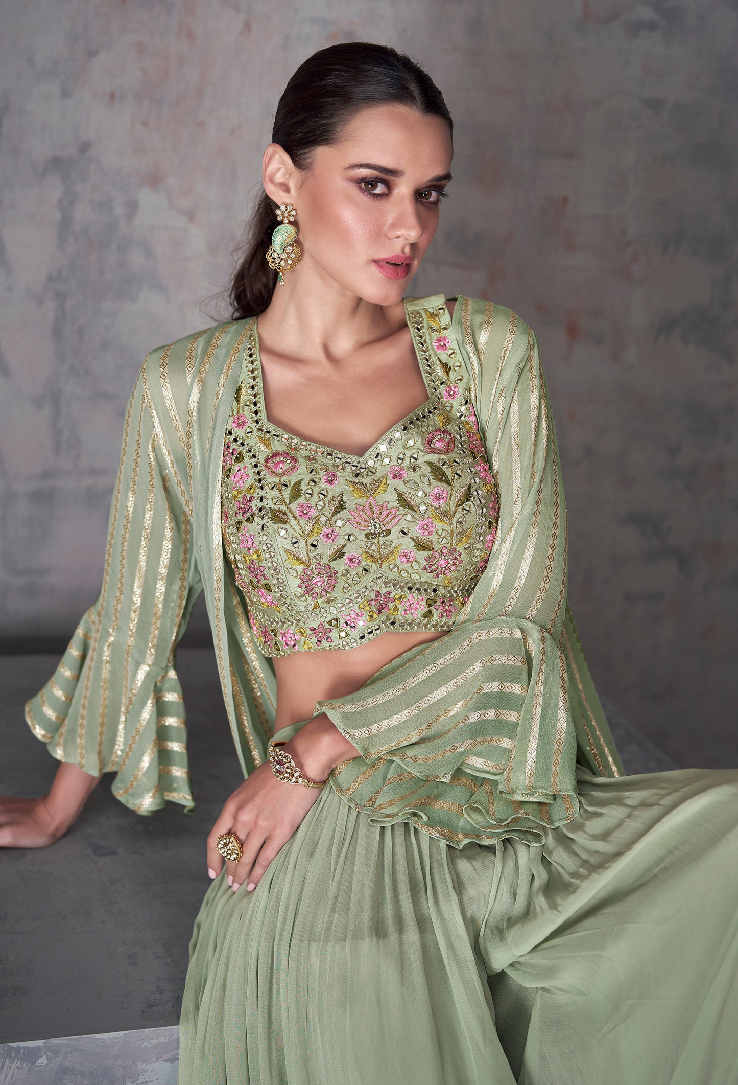 Women’s Bollywood designer heavy embroidery shrug style palazzo suit