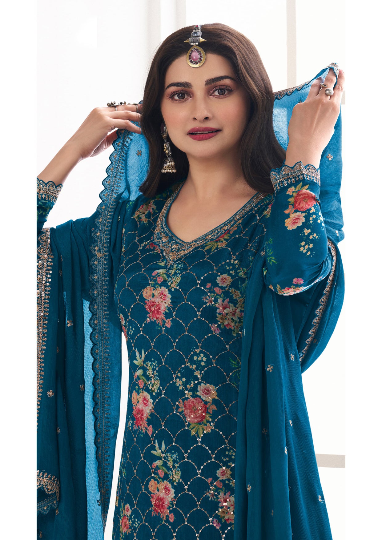 Teal Blue Chinon Silk Palazzo Suit with Embroidery Print for Wedding Reception