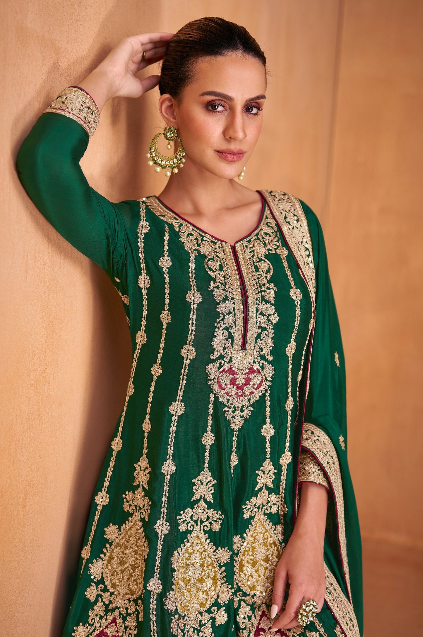 Green Heavy Embroidery Stitched Salwar Kameez Palazzo Dupatta Suits
