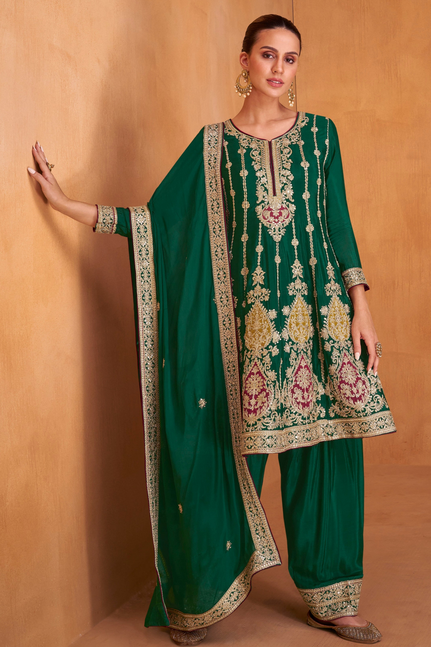 Green Heavy Embroidery Stitched Salwar Kameez Palazzo Dupatta Suits