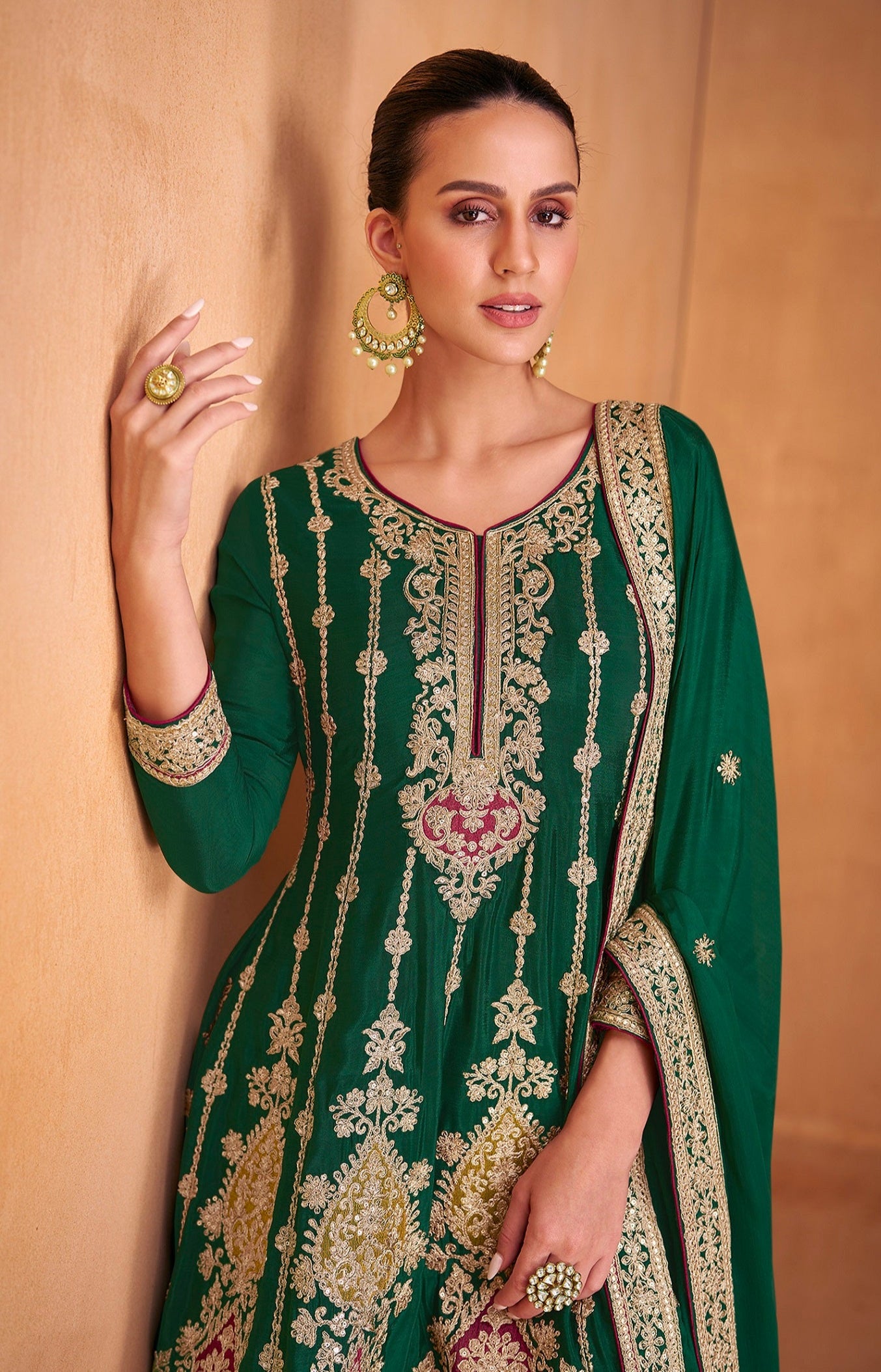 Green Heavy Embroidery Stitched Salwar Kameez Palazzo Dupatta Suits