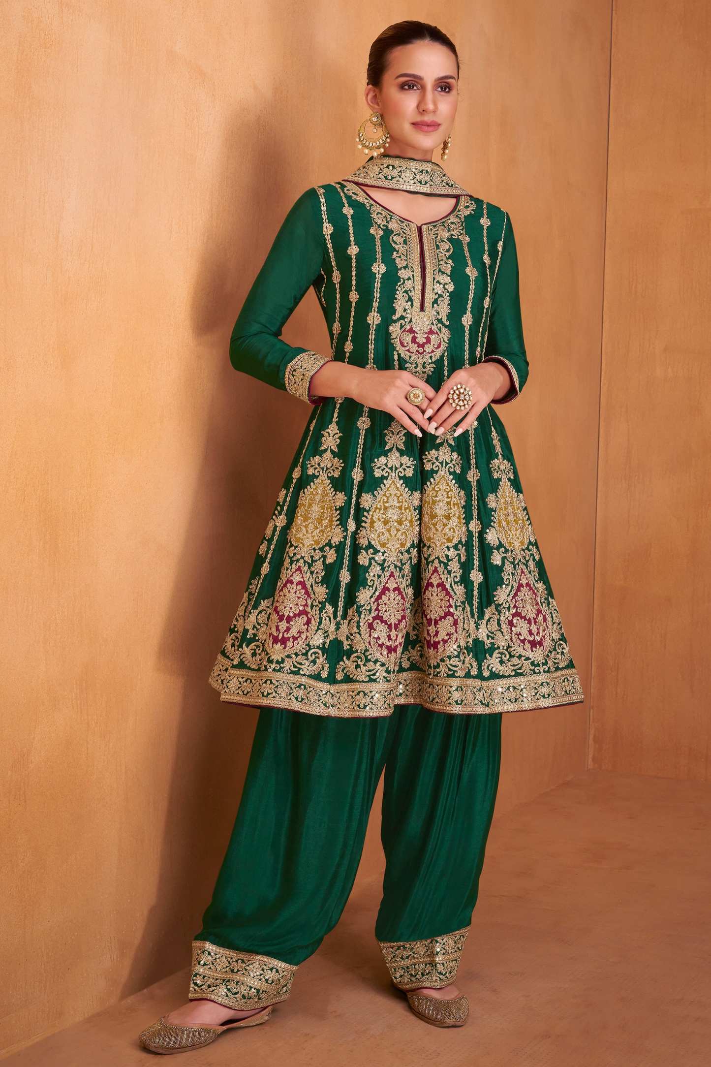 Green Heavy Embroidery Stitched Salwar Kameez Palazzo Dupatta Suits