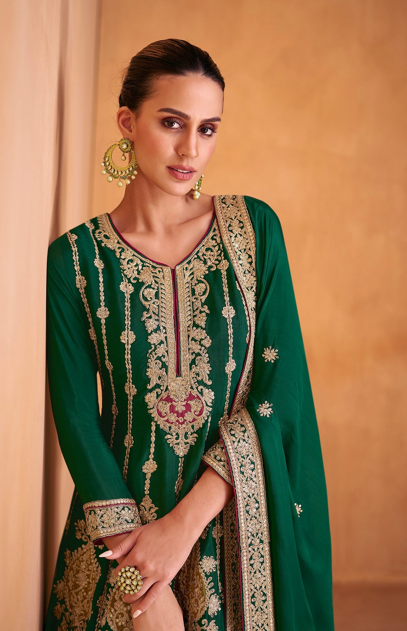 Green Heavy Embroidery Stitched Salwar Kameez Palazzo Dupatta Suits