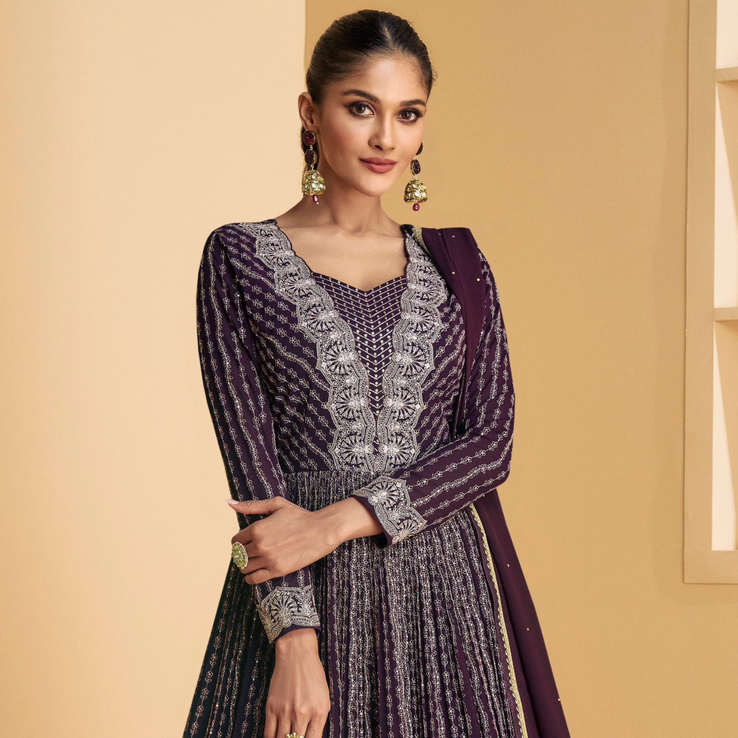 Bollywood Style Heavy Embroidery Floor-Length Anarkali Dupatta Dresses