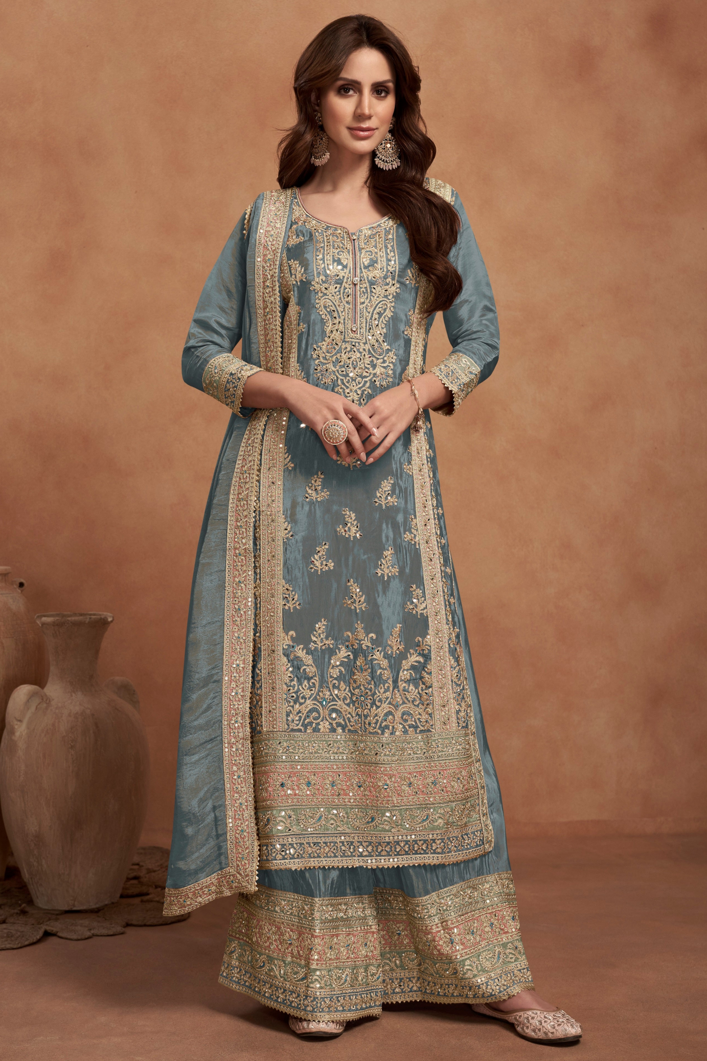 Indian Pakistani Wedding Reception Party Wear Ready Made Salwar Kameez Worked Dupatta Suit's
