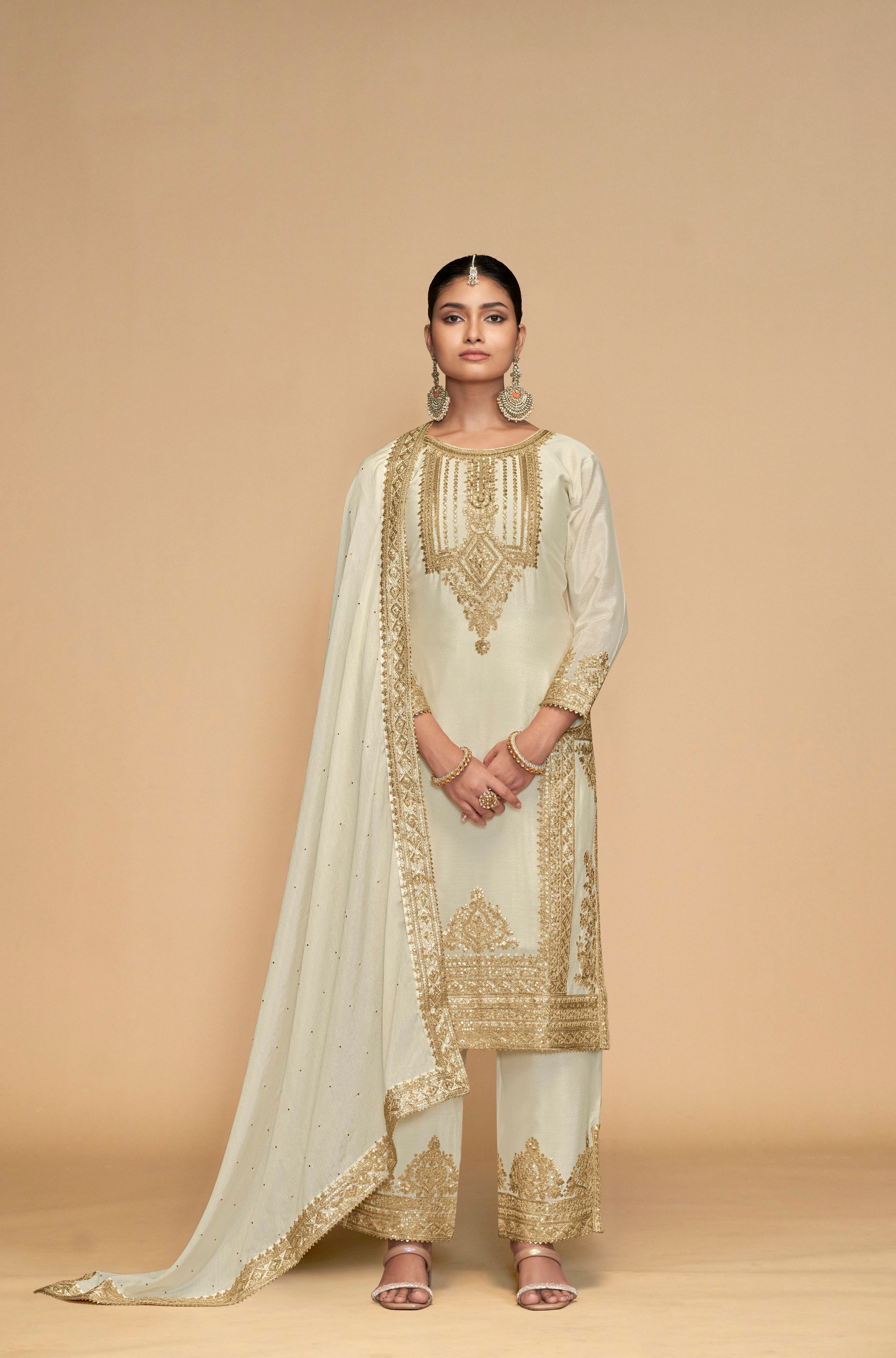 White Color Salwar Kameez With Embroidery Work For Evening Wear