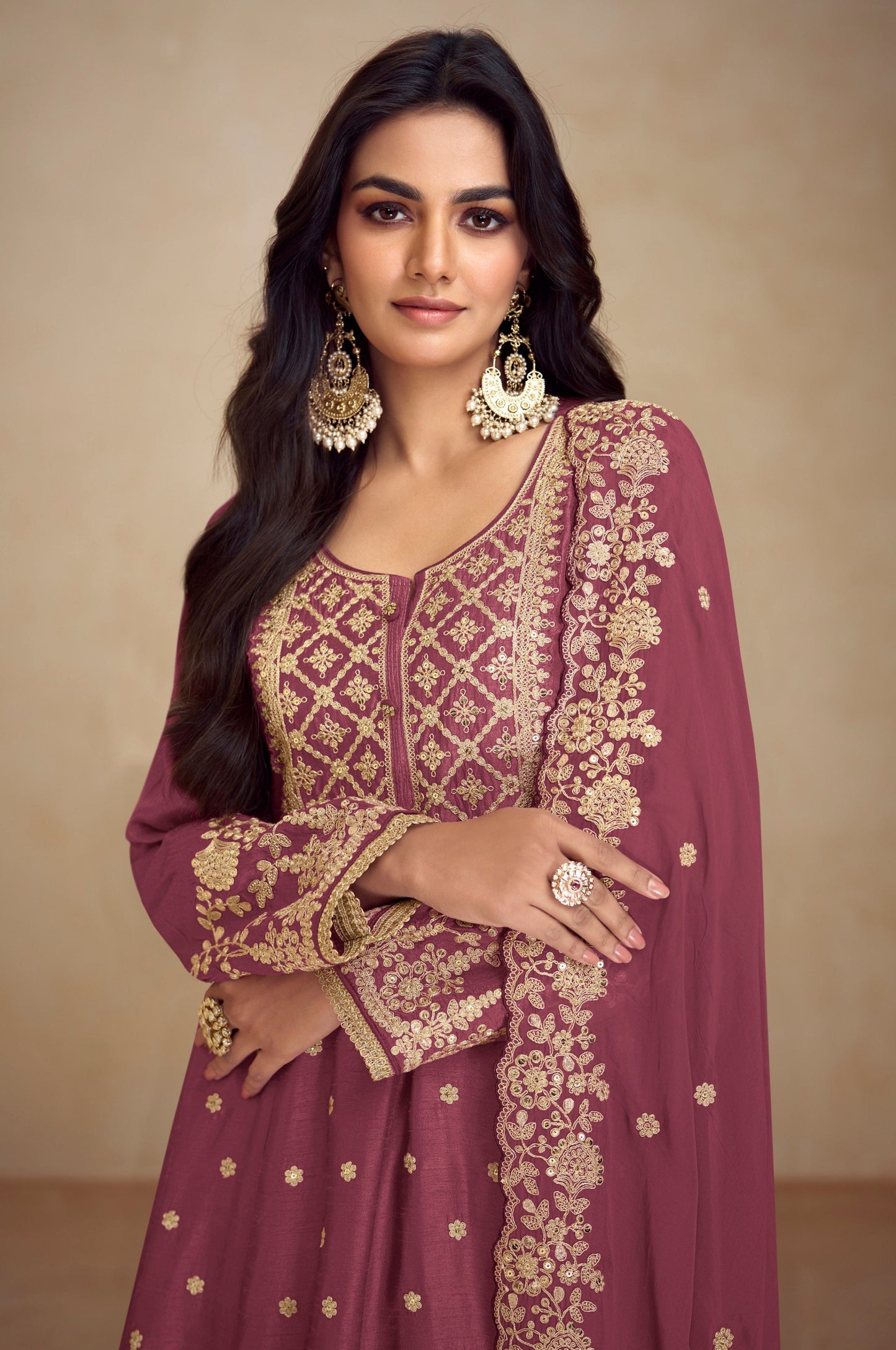 Burgundy chinon silk palazzo suit for Indian and Pakistani weddings