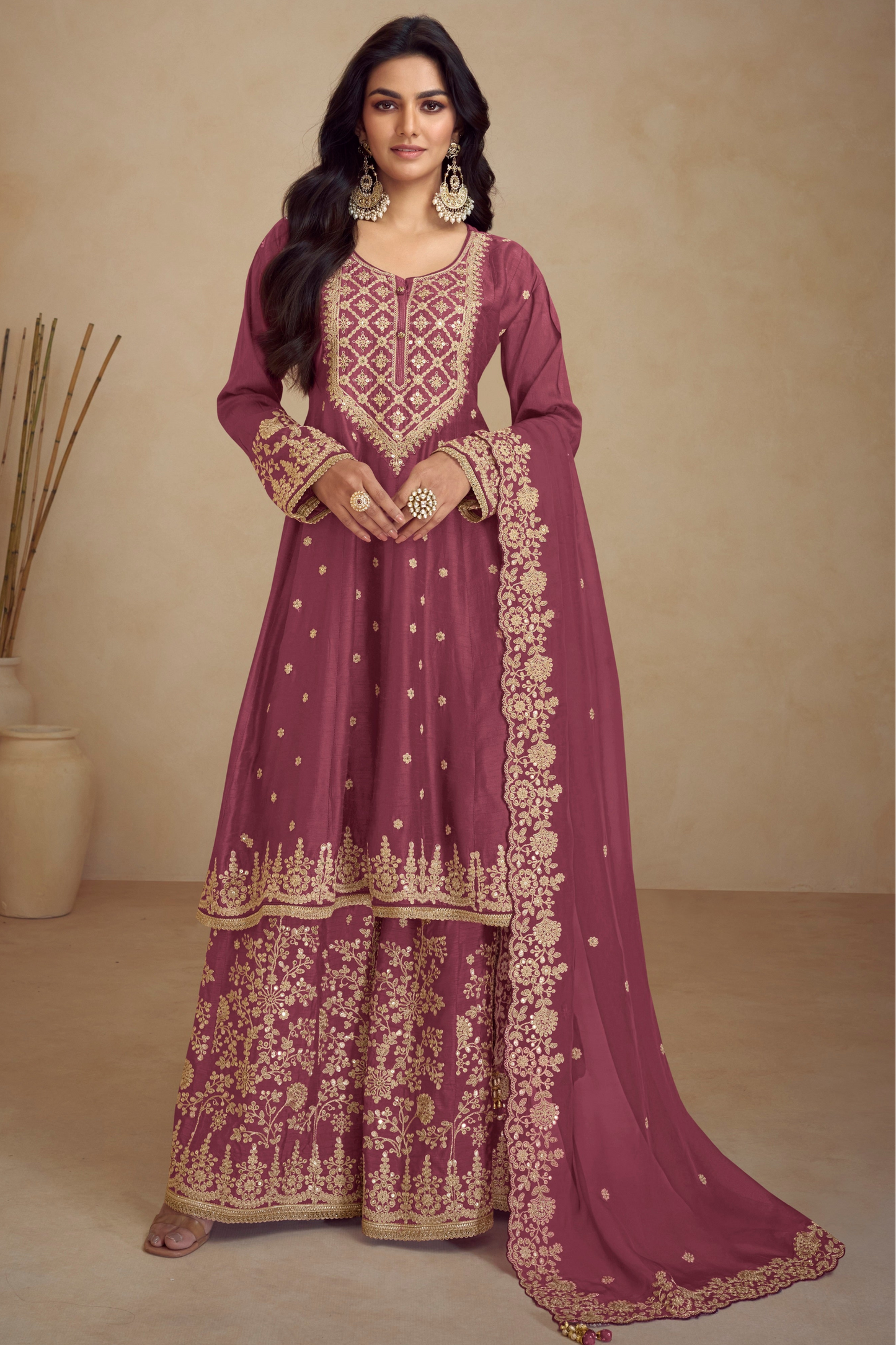 Burgundy chinon silk palazzo suit for Indian and Pakistani weddings