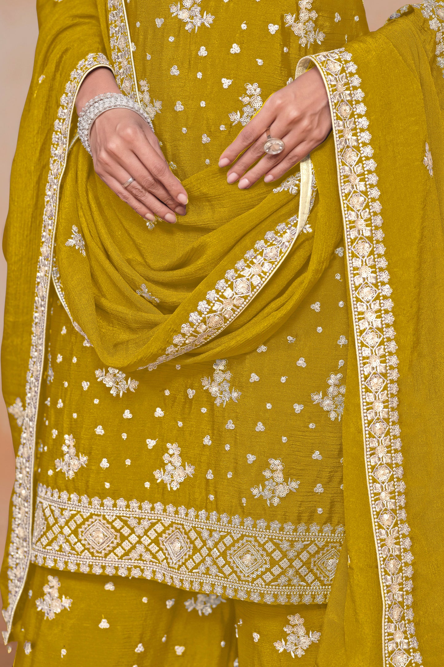 Real yellow chinnon silk INDIAN-PAKISTANI party wear salwar kameez