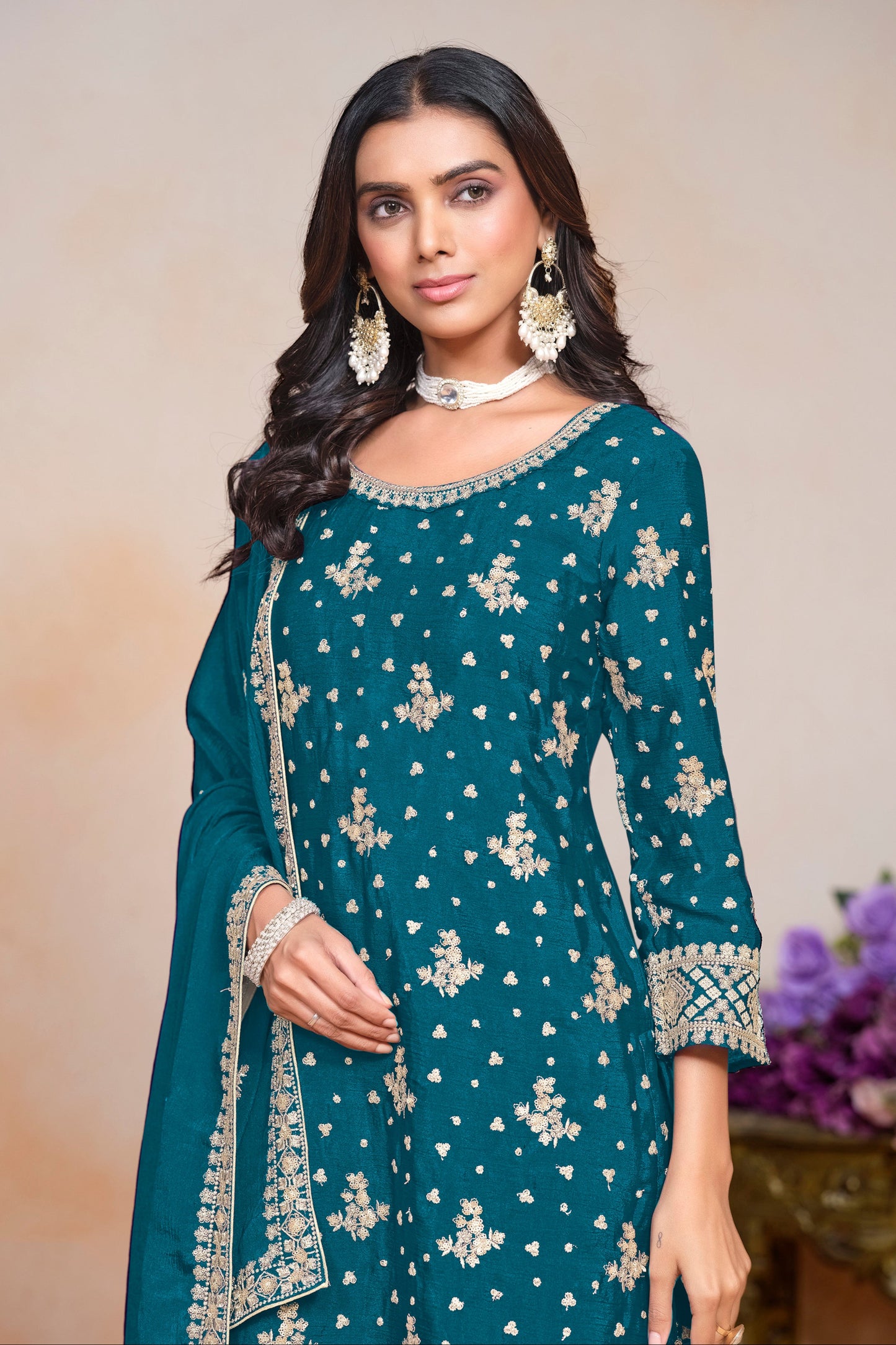 Chinon silk designer shalwar kameez sharara-plazzo dupatta suits