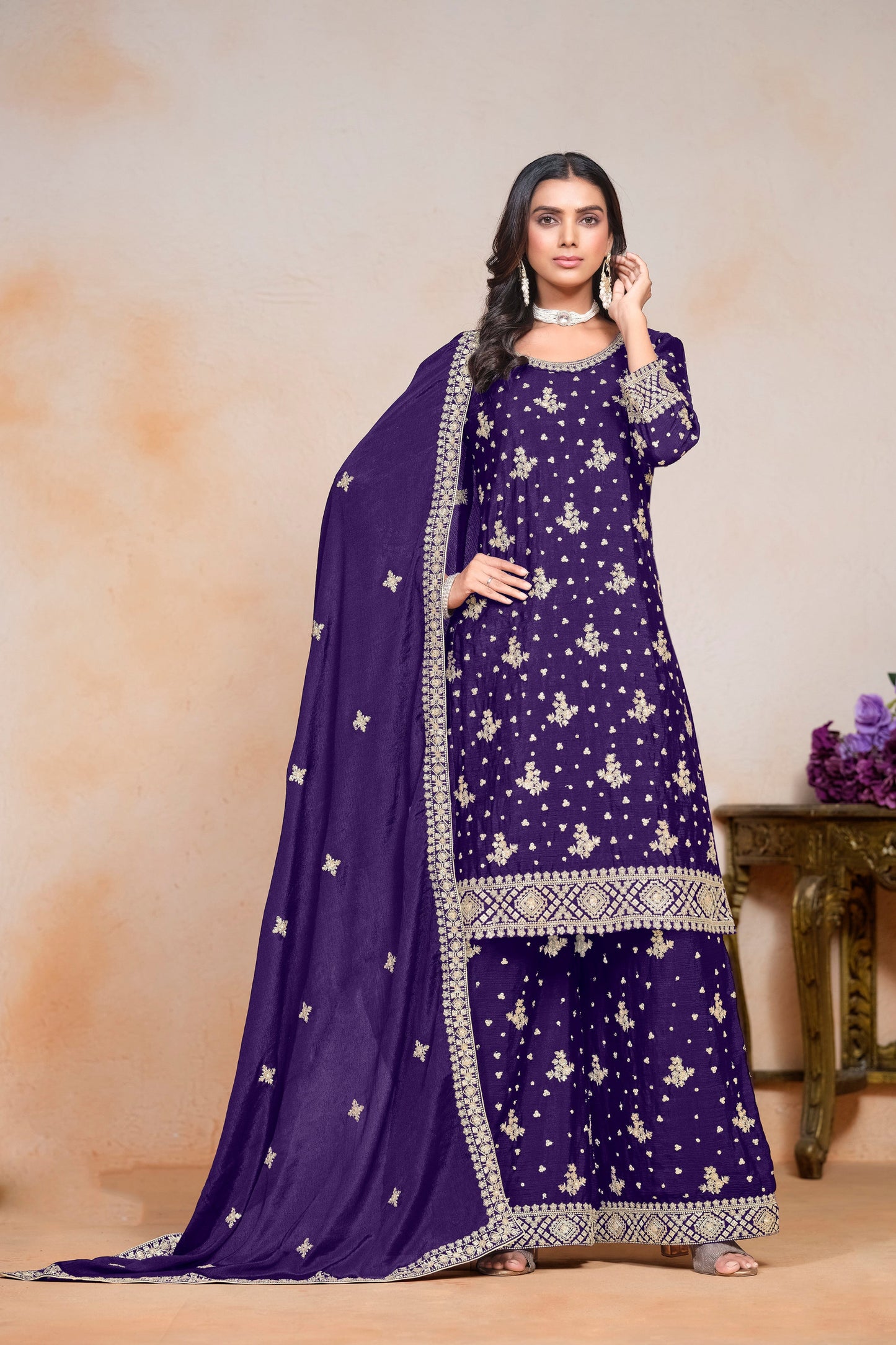 violet chinon silk Indian-Pakistani wedding party salwar kameez suit