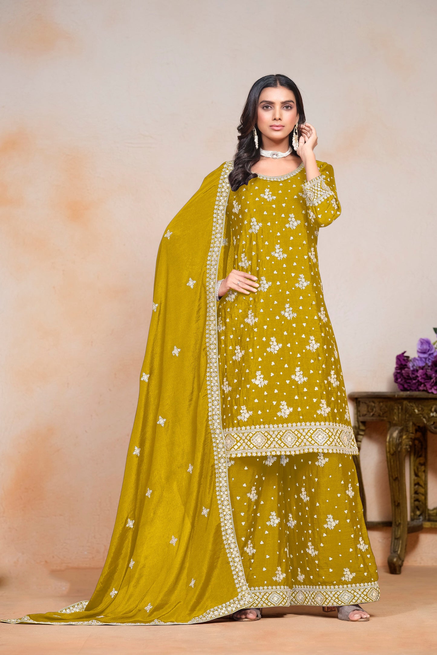 Real yellow chinnon silk INDIAN-PAKISTANI party wear salwar kameez