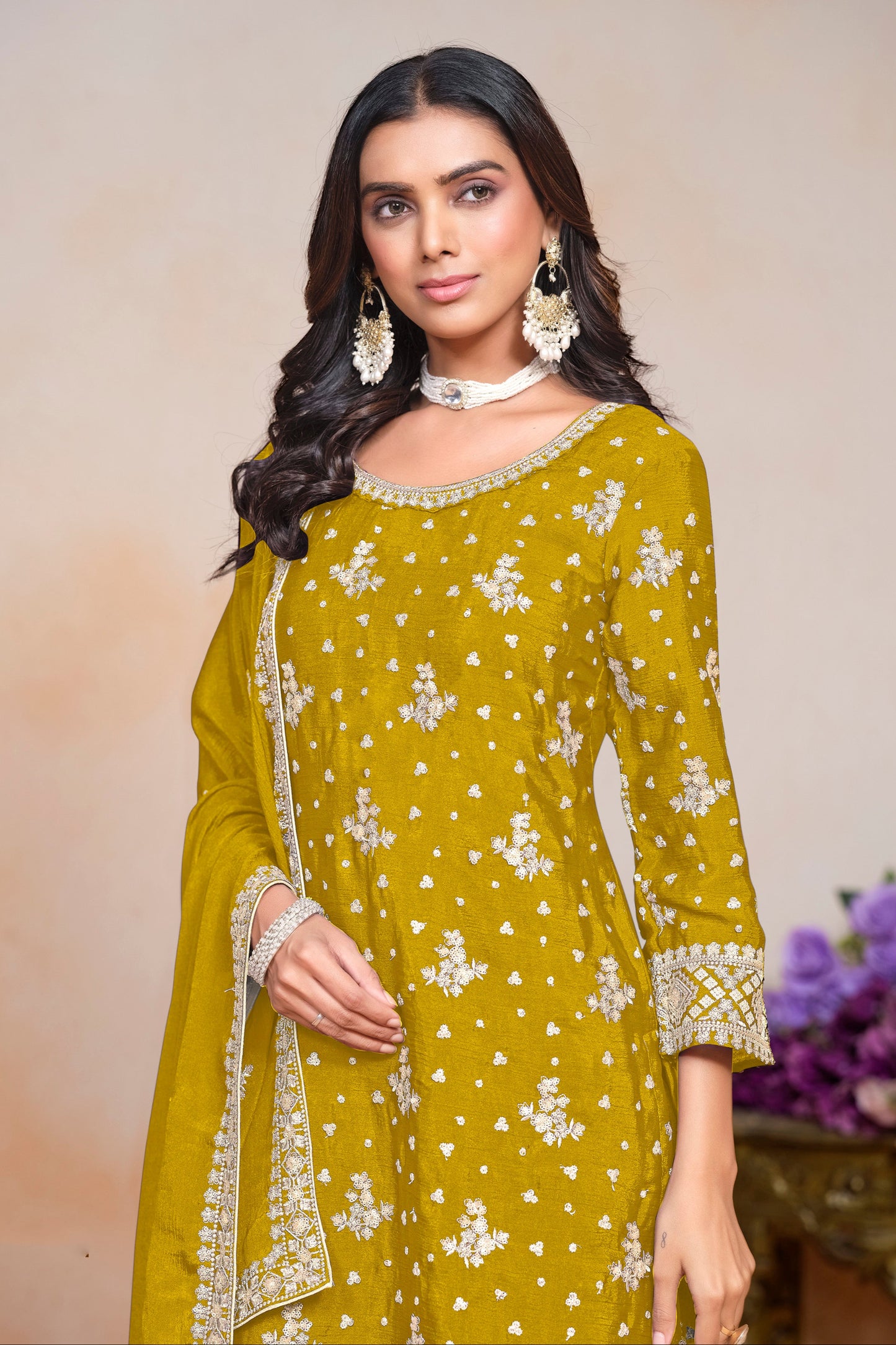 Real yellow chinnon silk INDIAN-PAKISTANI party wear salwar kameez
