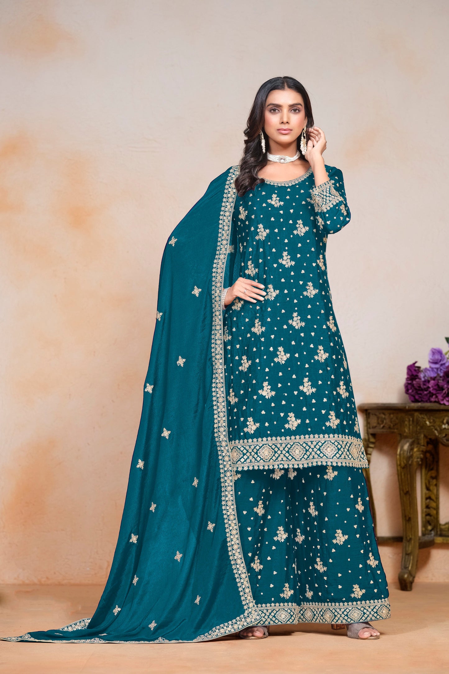 Chinon silk designer shalwar kameez sharara-plazzo dupatta suits