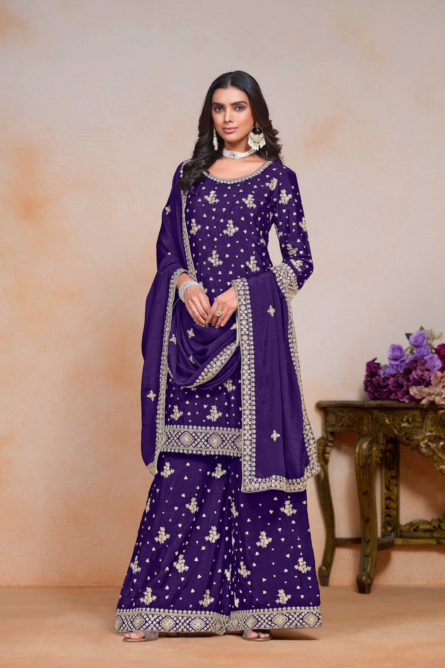 violet chinon silk Indian-Pakistani wedding party salwar kameez suit