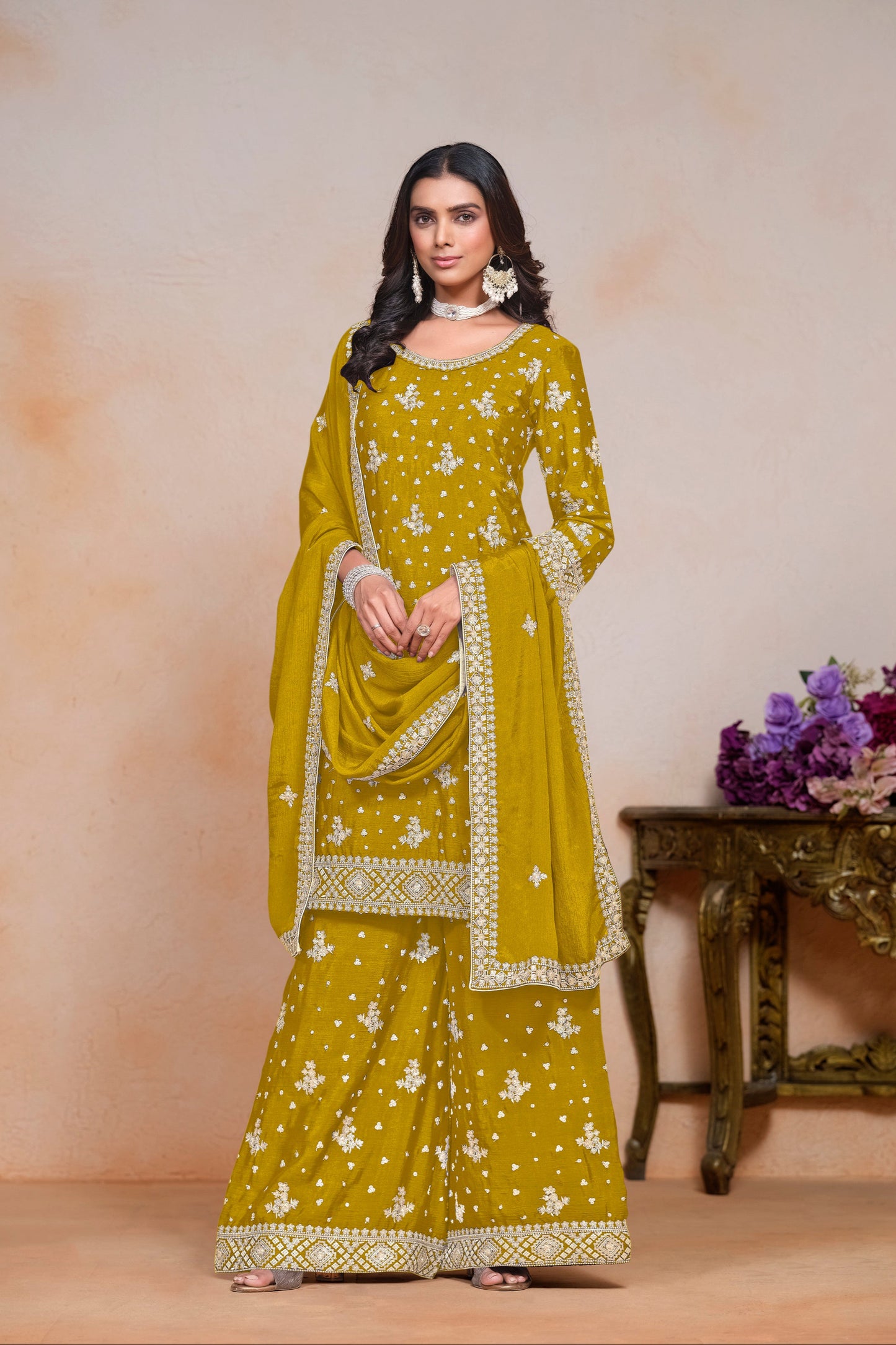 Real yellow chinnon silk INDIAN-PAKISTANI party wear salwar kameez