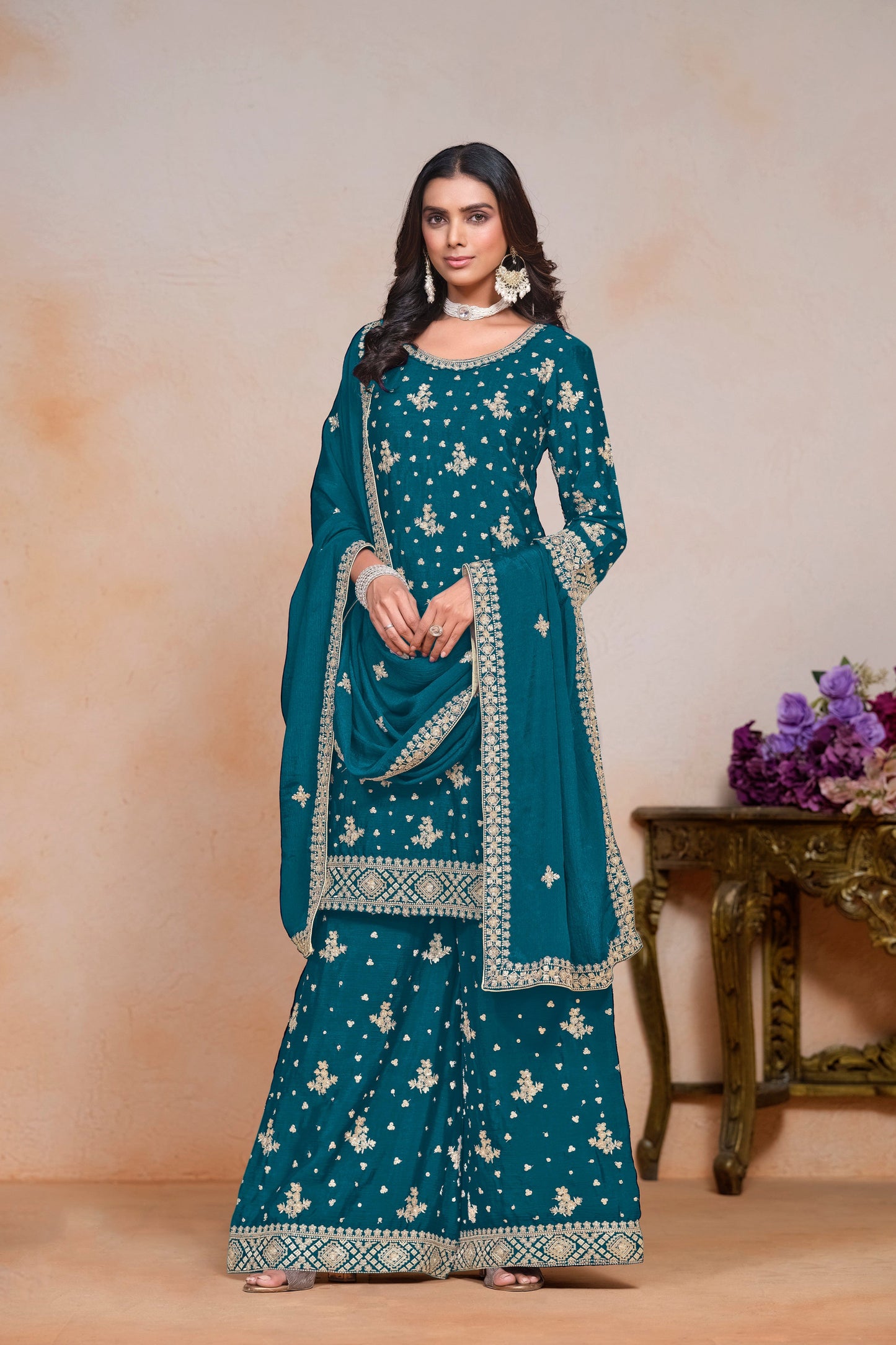 Chinon silk designer shalwar kameez sharara-plazzo dupatta suits