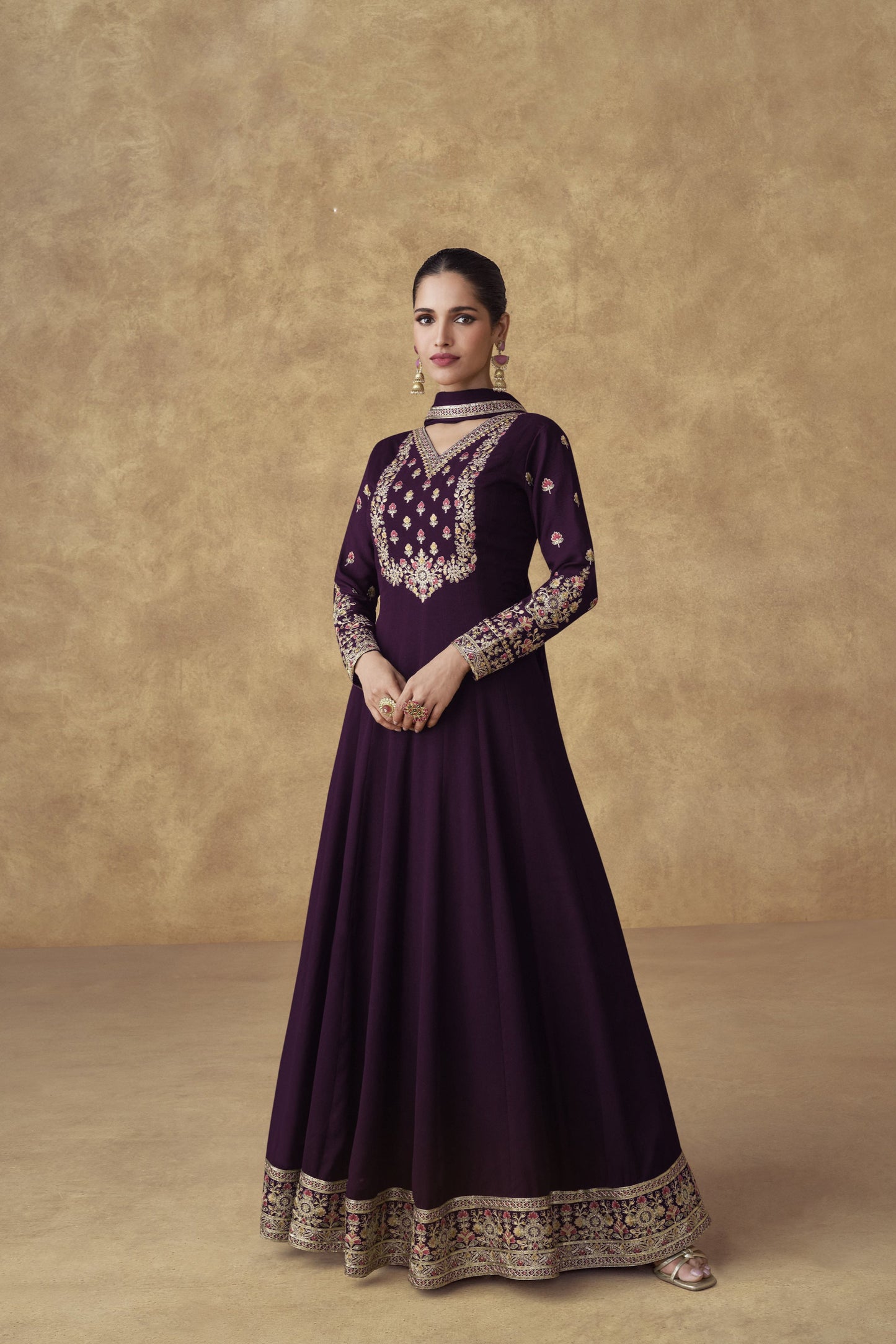 Pakistani Eid-Ramadan Festival Party Wear Wine Color Special Anarkali Gown With Dupatta
