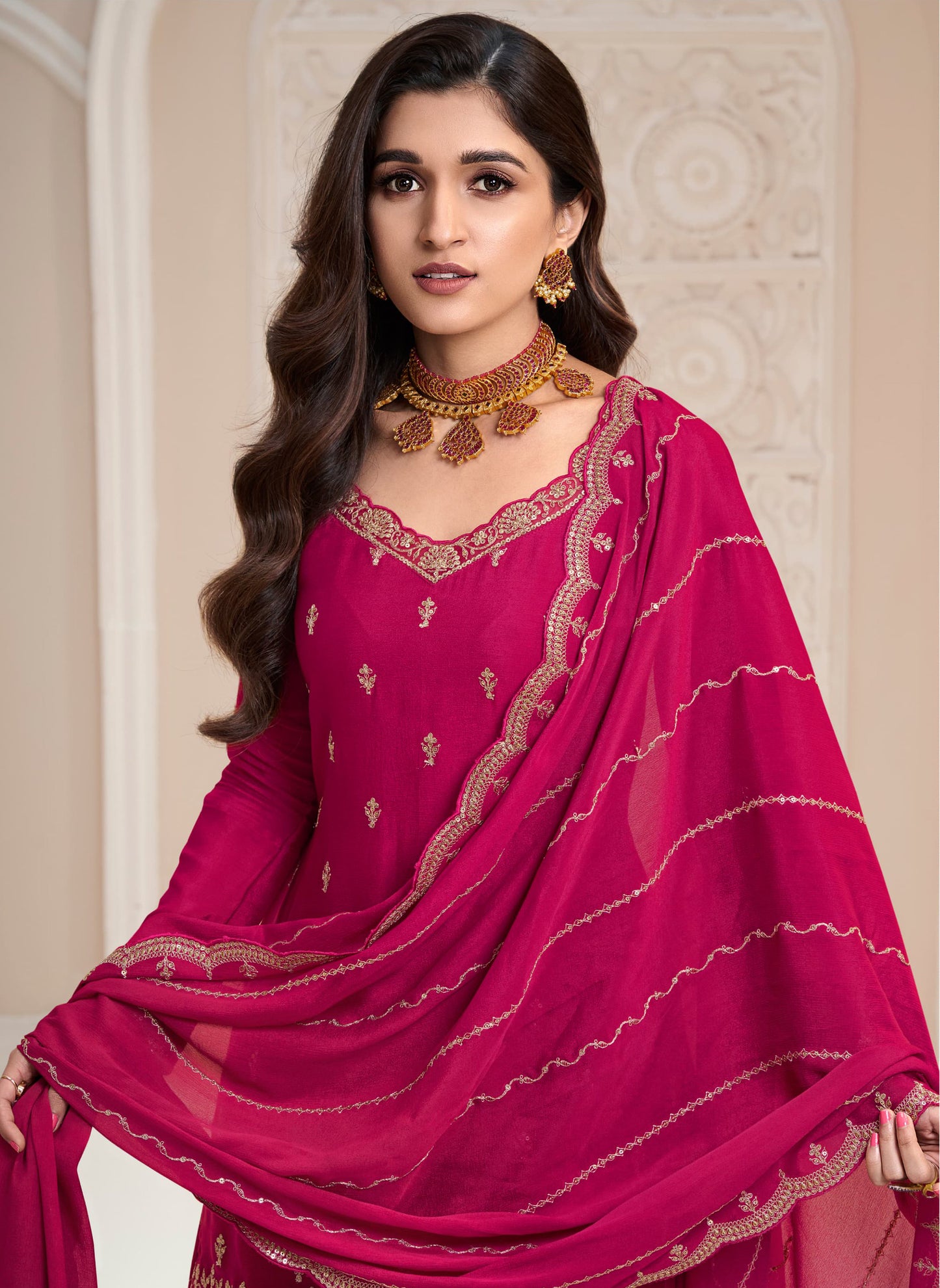New Style Pink Color Plazzo Dress With Dupatta For Wedding-Reception