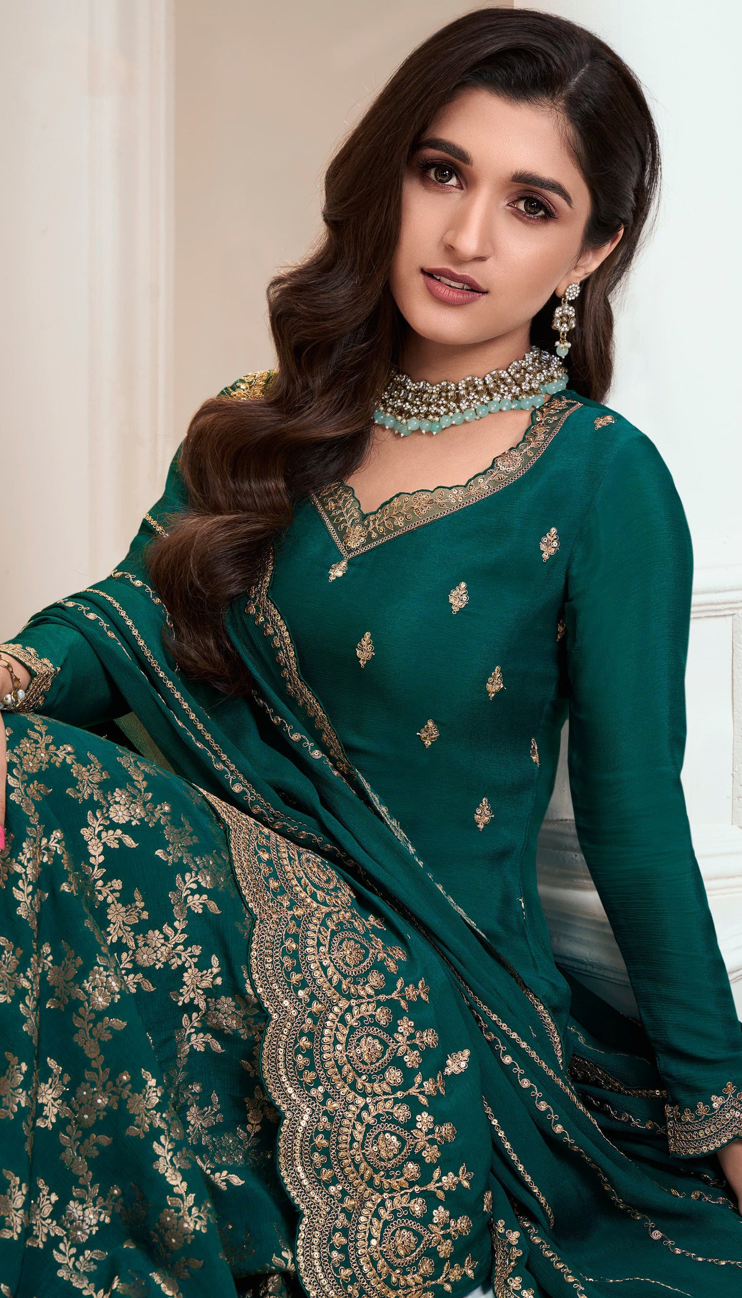 Embroidery Work Dark Green Palazzo Dress With Dupatta For Wedding