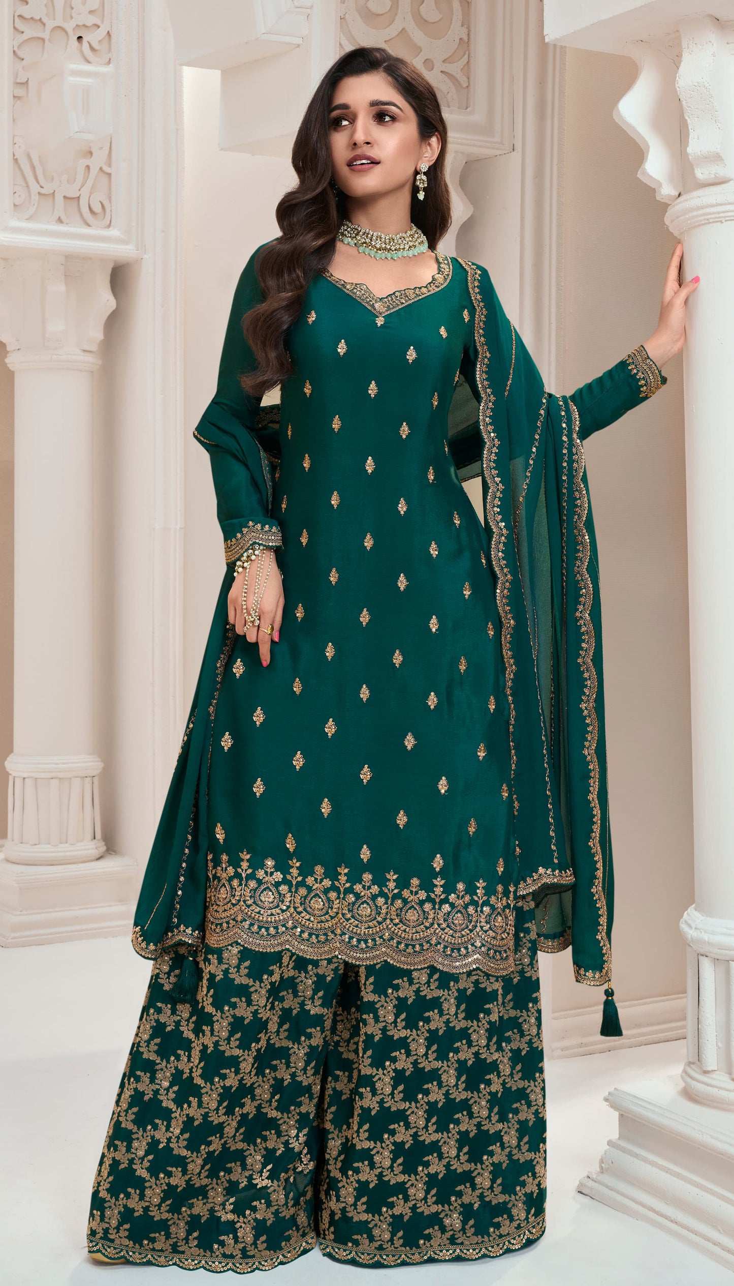 Embroidery Work Dark Green Palazzo Dress With Dupatta For Wedding