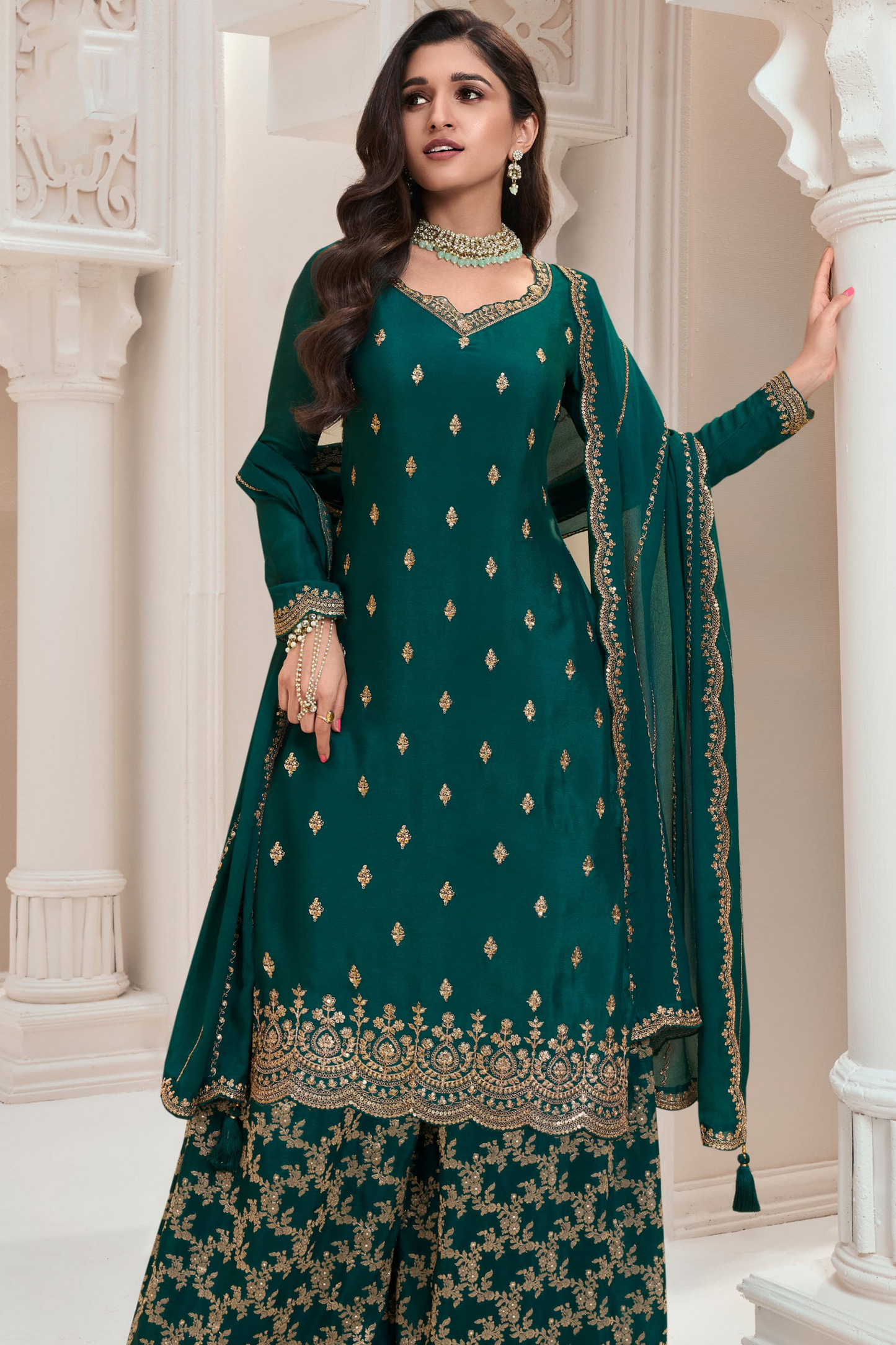 Embroidery Work Dark Green Palazzo Dress With Dupatta For Wedding