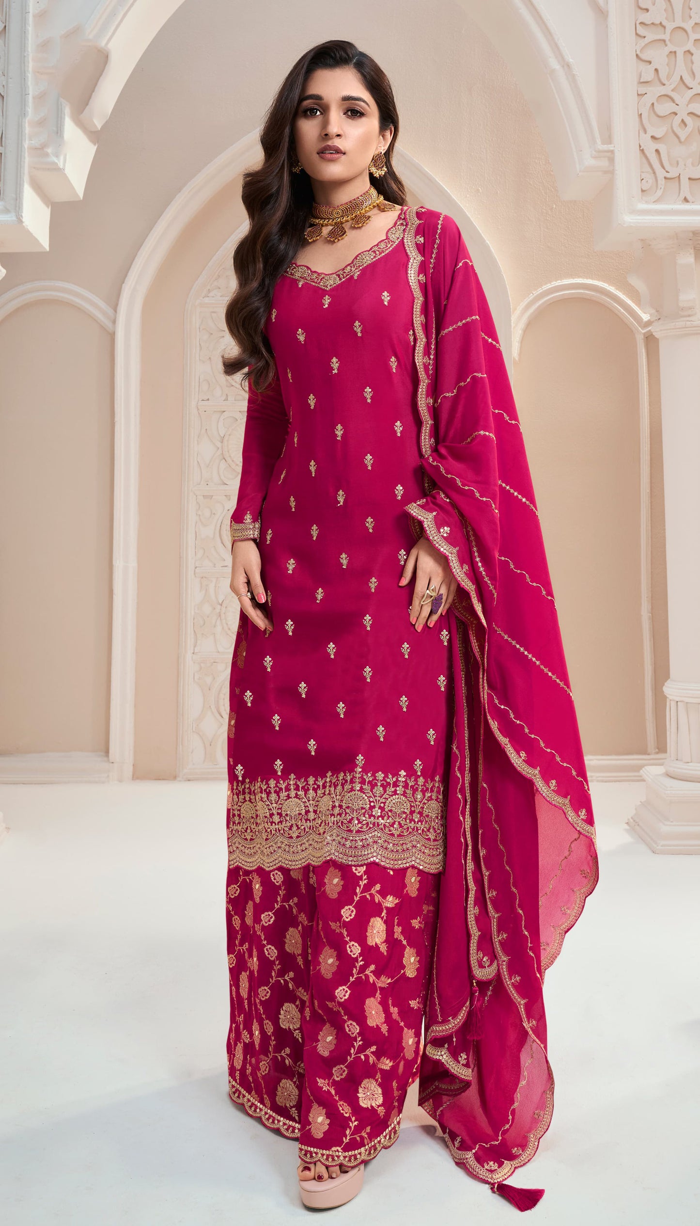 New Style Pink Color Plazzo Dress With Dupatta For Wedding-Reception
