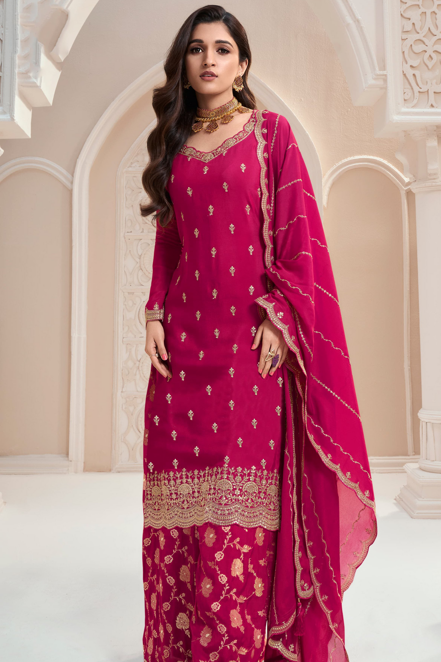 New Style Pink Color Plazzo Dress With Dupatta For Wedding-Reception