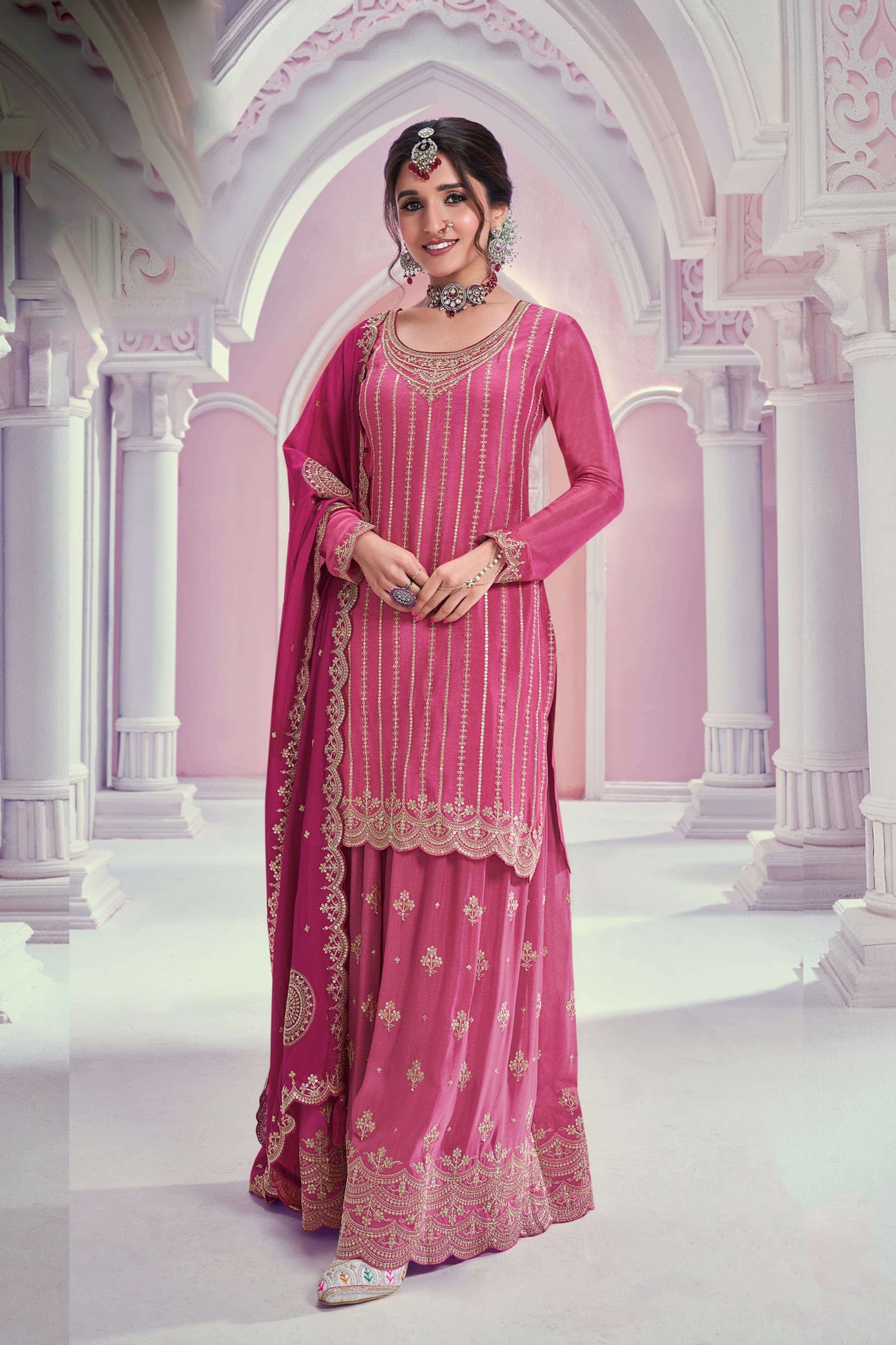 Heavy embroidery stitched salwar kameez palazzo dupatta dress