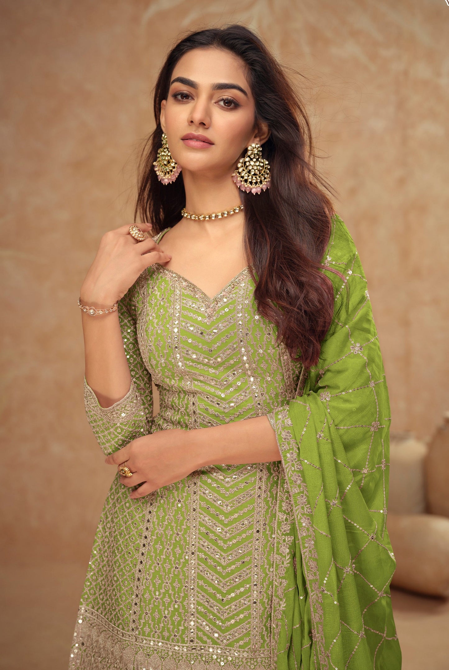 Green Wedding Wear Salwar Kameez Palazzo with Chinon Dupatta