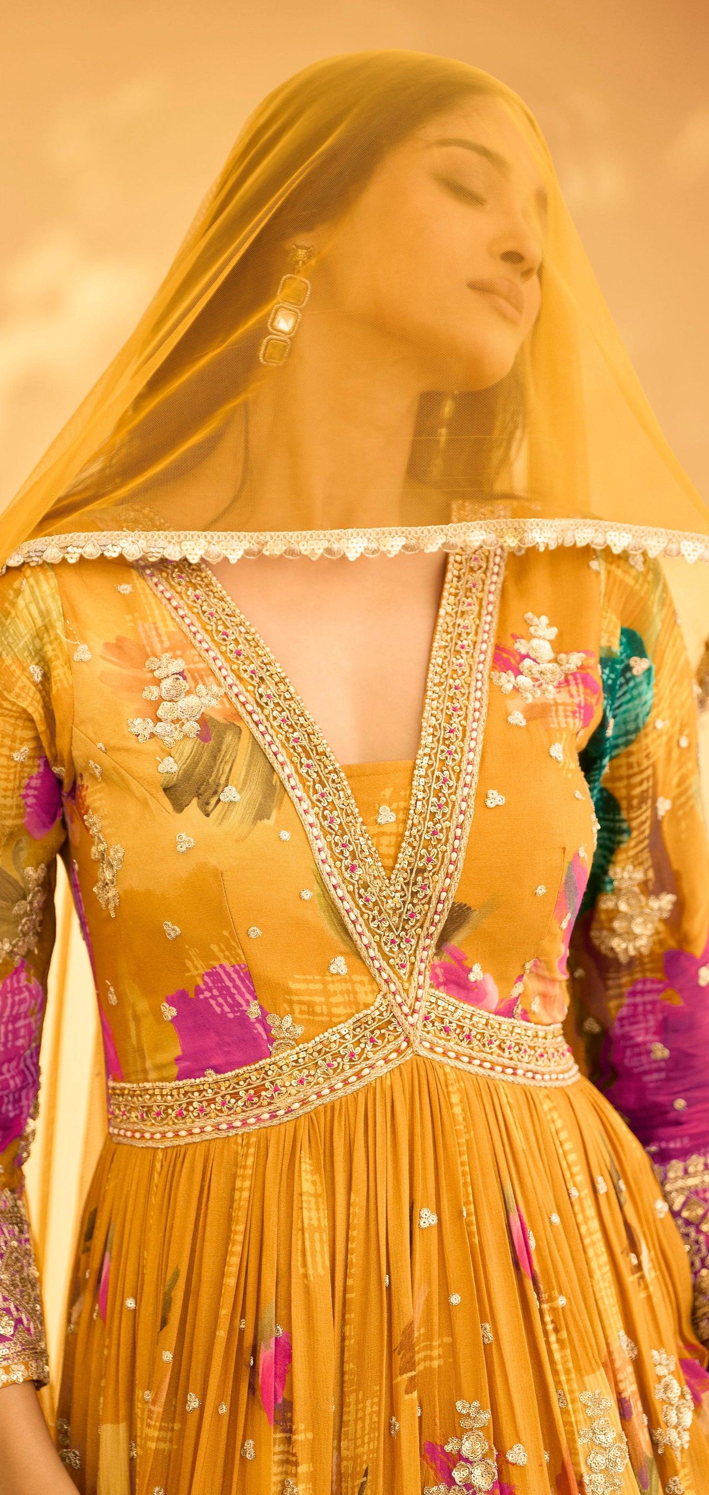 Trendy Yellow Anarkali Gown with Premium Chinon Dupatta for Ceremonies