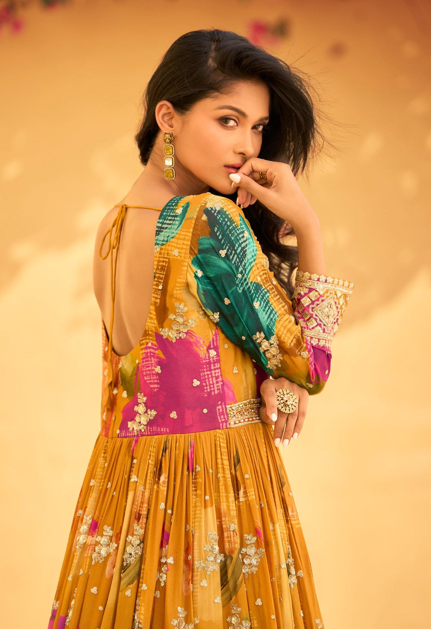 Trendy Yellow Anarkali Gown with Premium Chinon Dupatta for Ceremonies