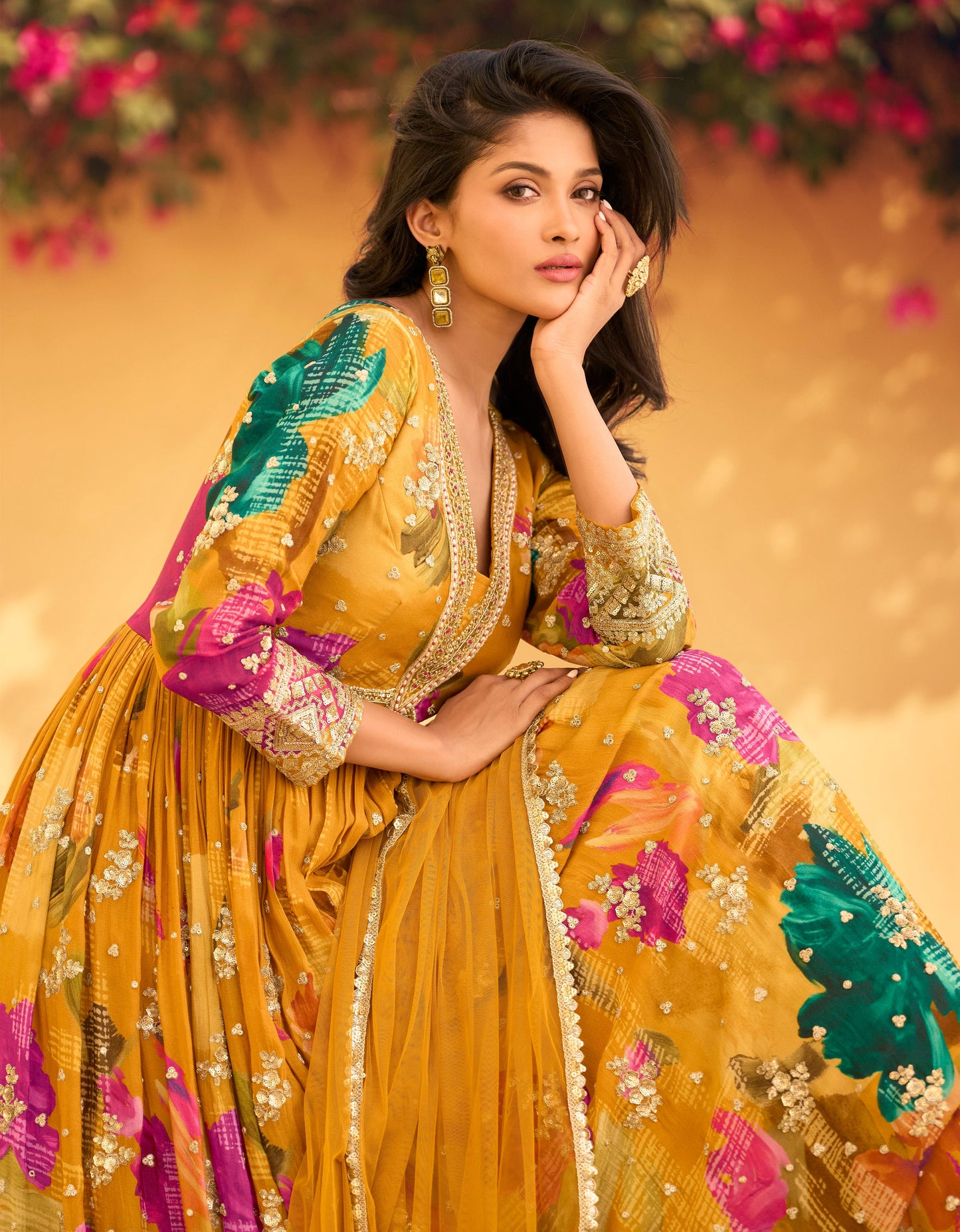 Trendy Yellow Anarkali Gown with Premium Chinon Dupatta for Ceremonies