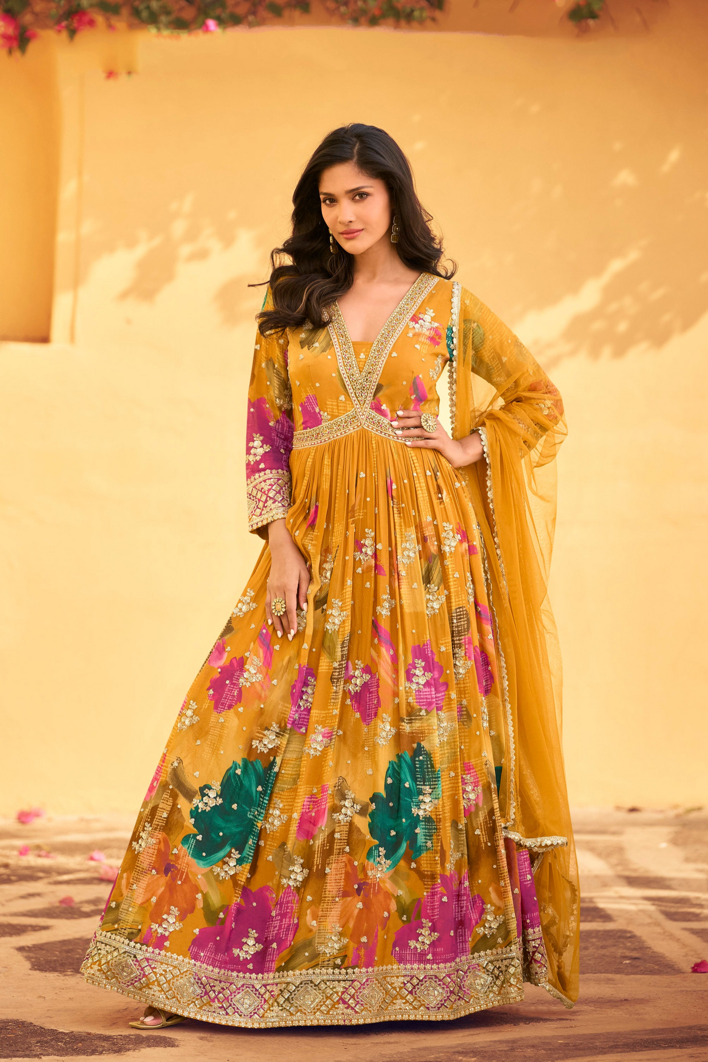 Trendy Yellow Anarkali Gown with Premium Chinon Dupatta for Ceremonies