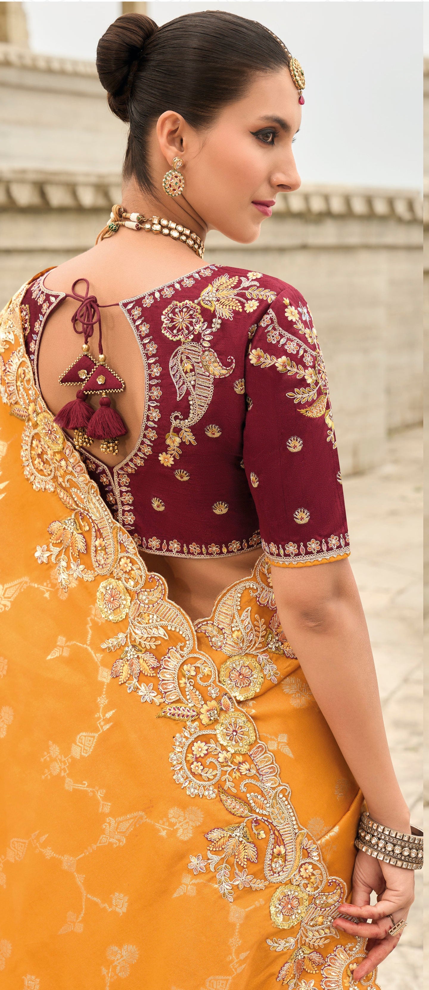 Orange Gadwal Silk Saree with Magenta Blouse for Sangeet & Weddings