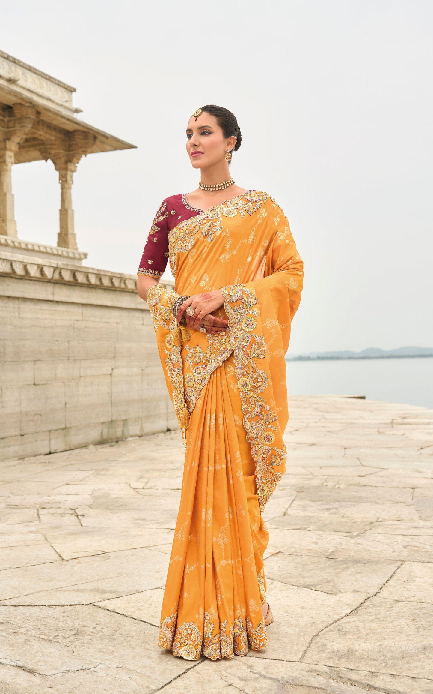Orange Gadwal Silk Saree with Magenta Blouse for Sangeet & Weddings