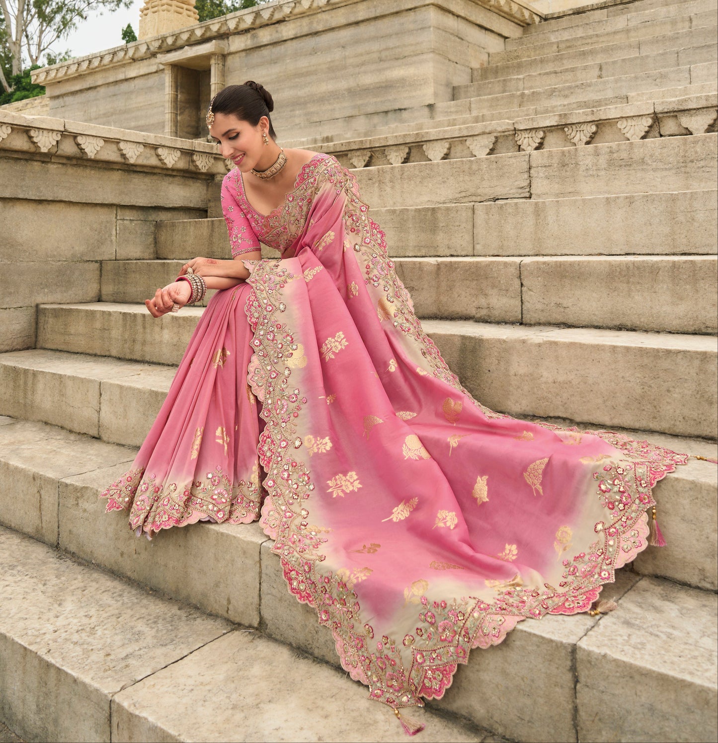 Stunning pink Gadwal silk saree with magenta blouse and handwork.