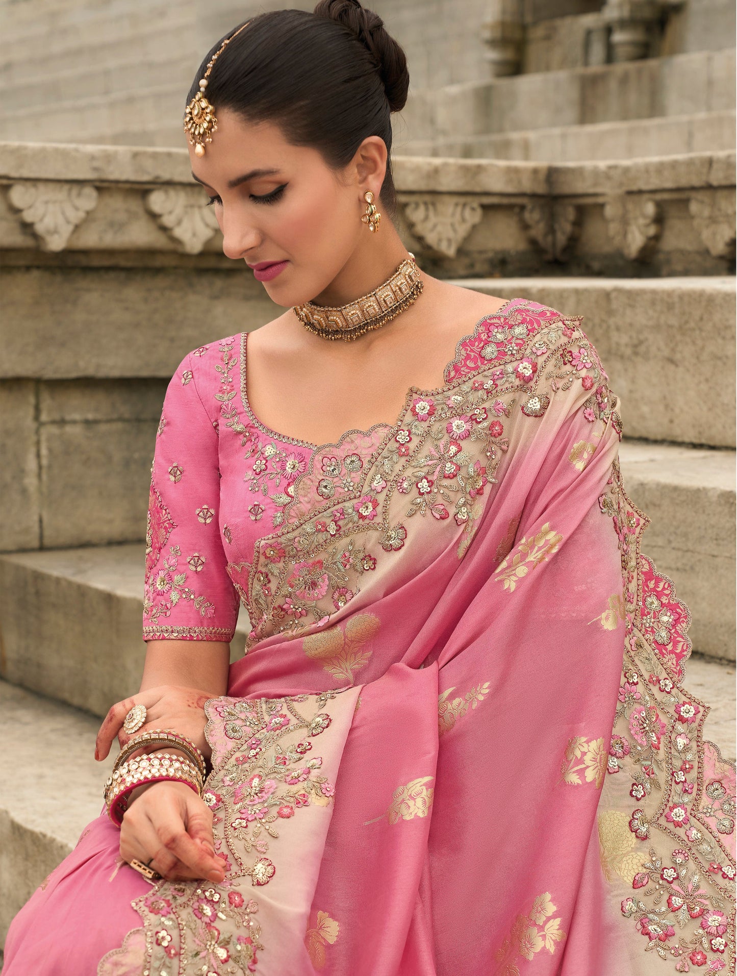 Stunning pink Gadwal silk saree with magenta blouse and handwork.
