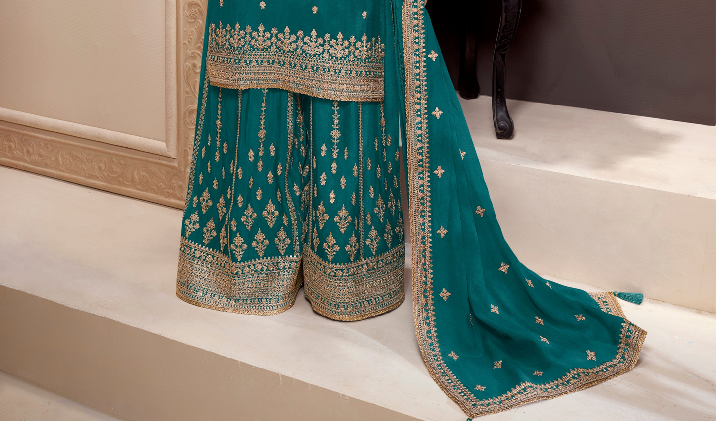 Beautiful Embroidered Stitched Dark Teal Salwar Kameez Palazzo Dress