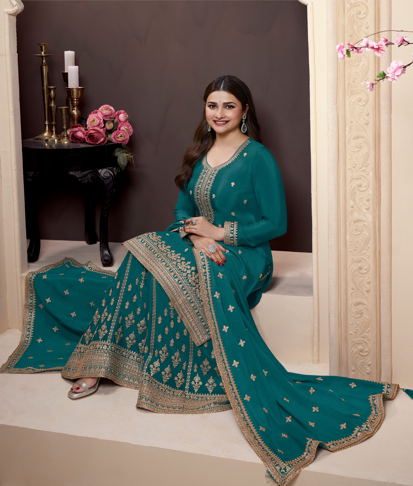 Beautiful Embroidered Stitched Dark Teal Salwar Kameez Palazzo Dress
