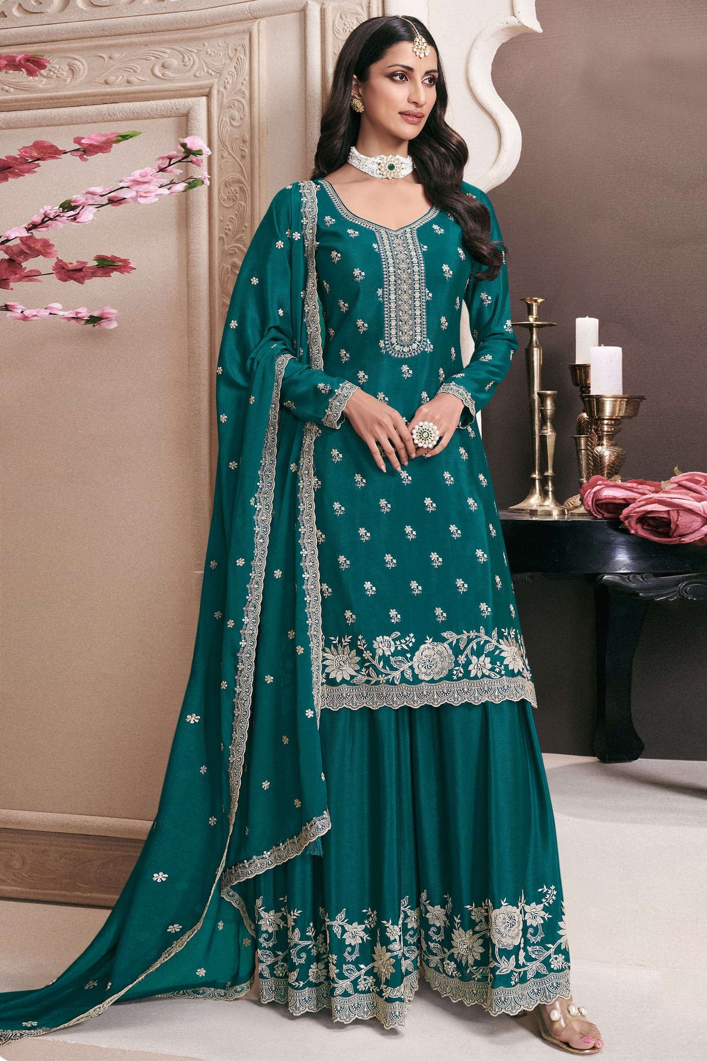 Teal Salwar Kameez Palazzo with Dupatta for Special Occasion Wear