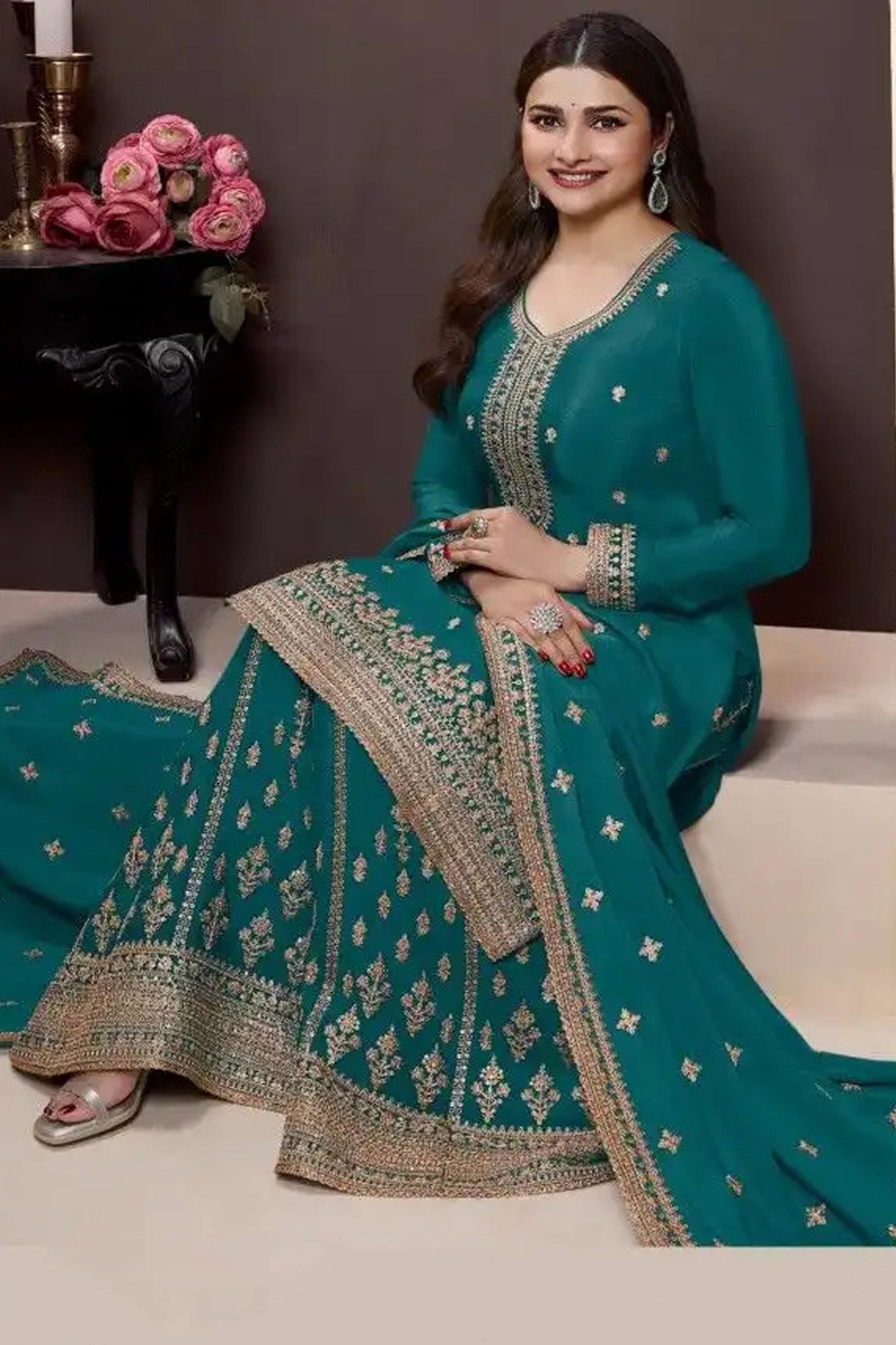 Beautiful Embroidery Work Stitched Stylish Dark Teal Color Salwar Kameez Palazzo Dress
