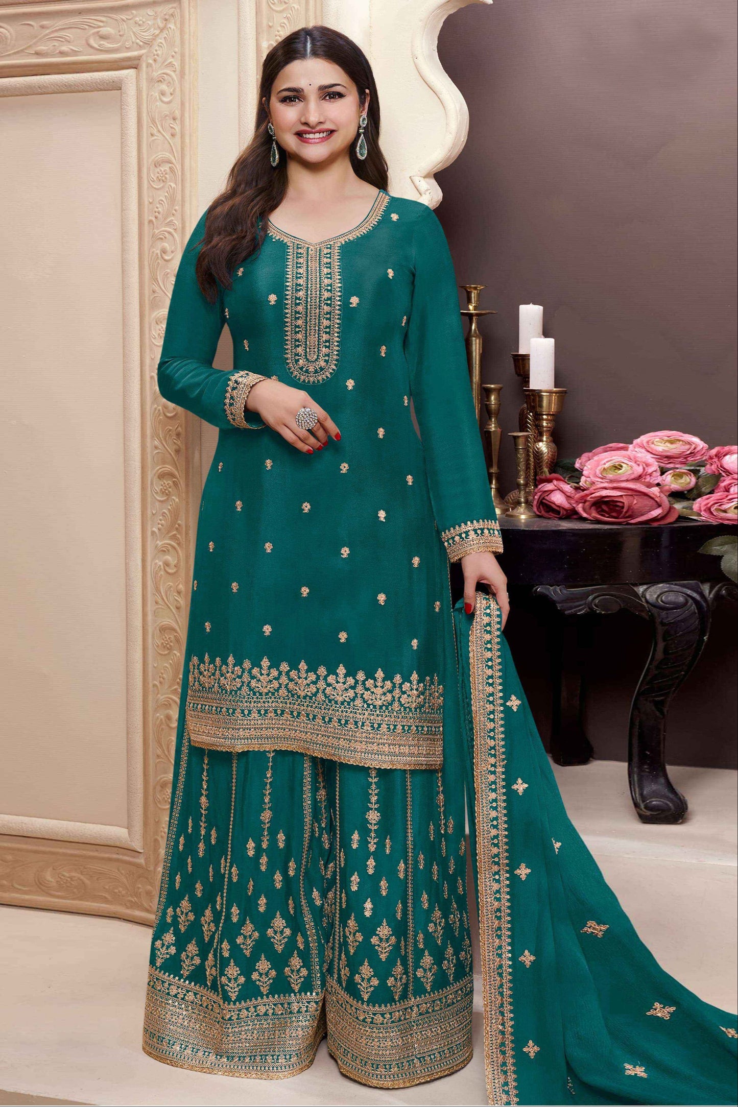 Beautiful Embroidery Work Stitched Stylish Dark Teal Color Salwar Kameez Palazzo Dress