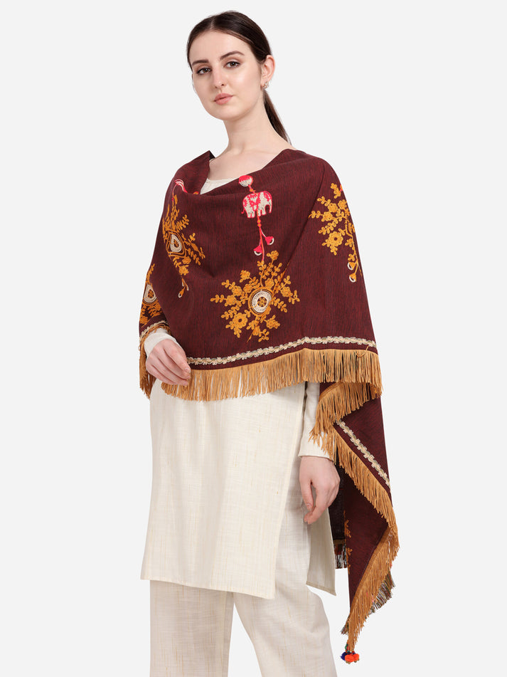 Brown Embroidered & Floral Print Khadi Cotton Dupatta