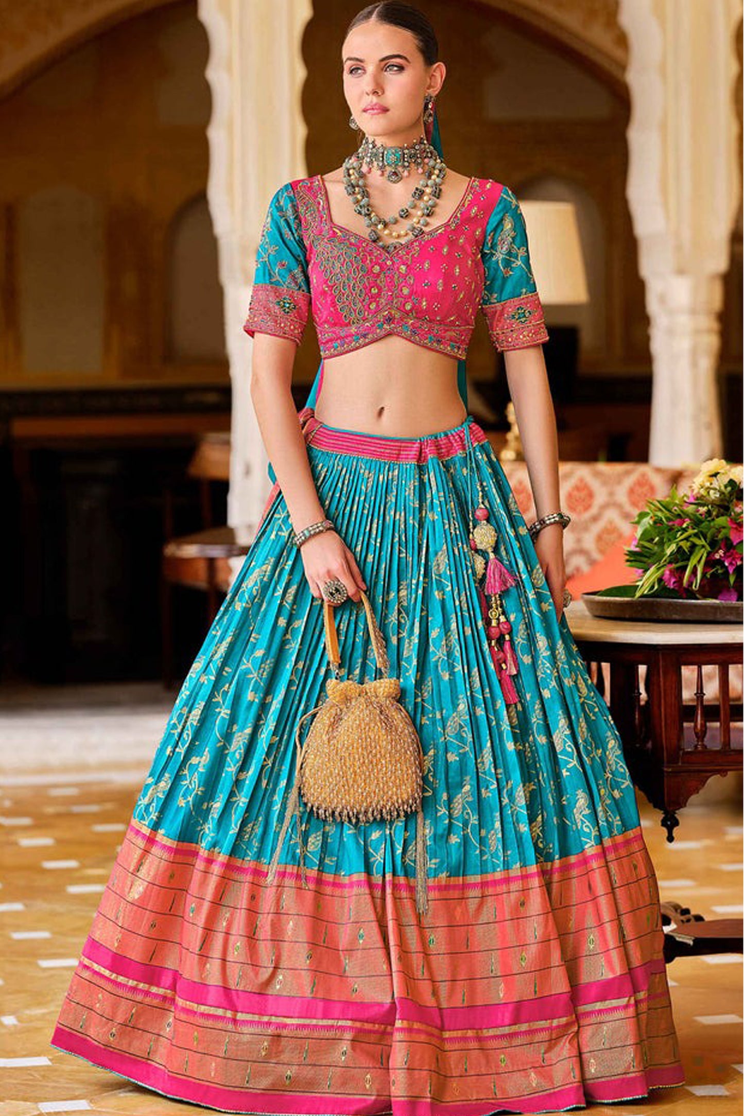 Traditional Sky Blue Color Lehenga Choli Suit With Dupatta For Evening Parties