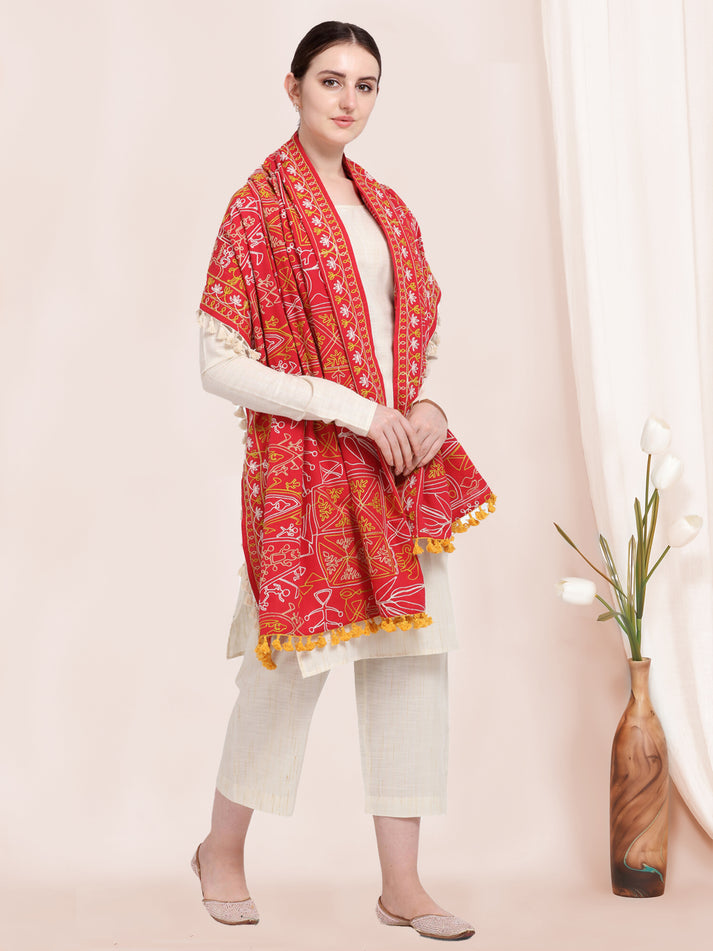 Red Color Indian Designer Embroidered Ethnic Wear Khadi Dupatta